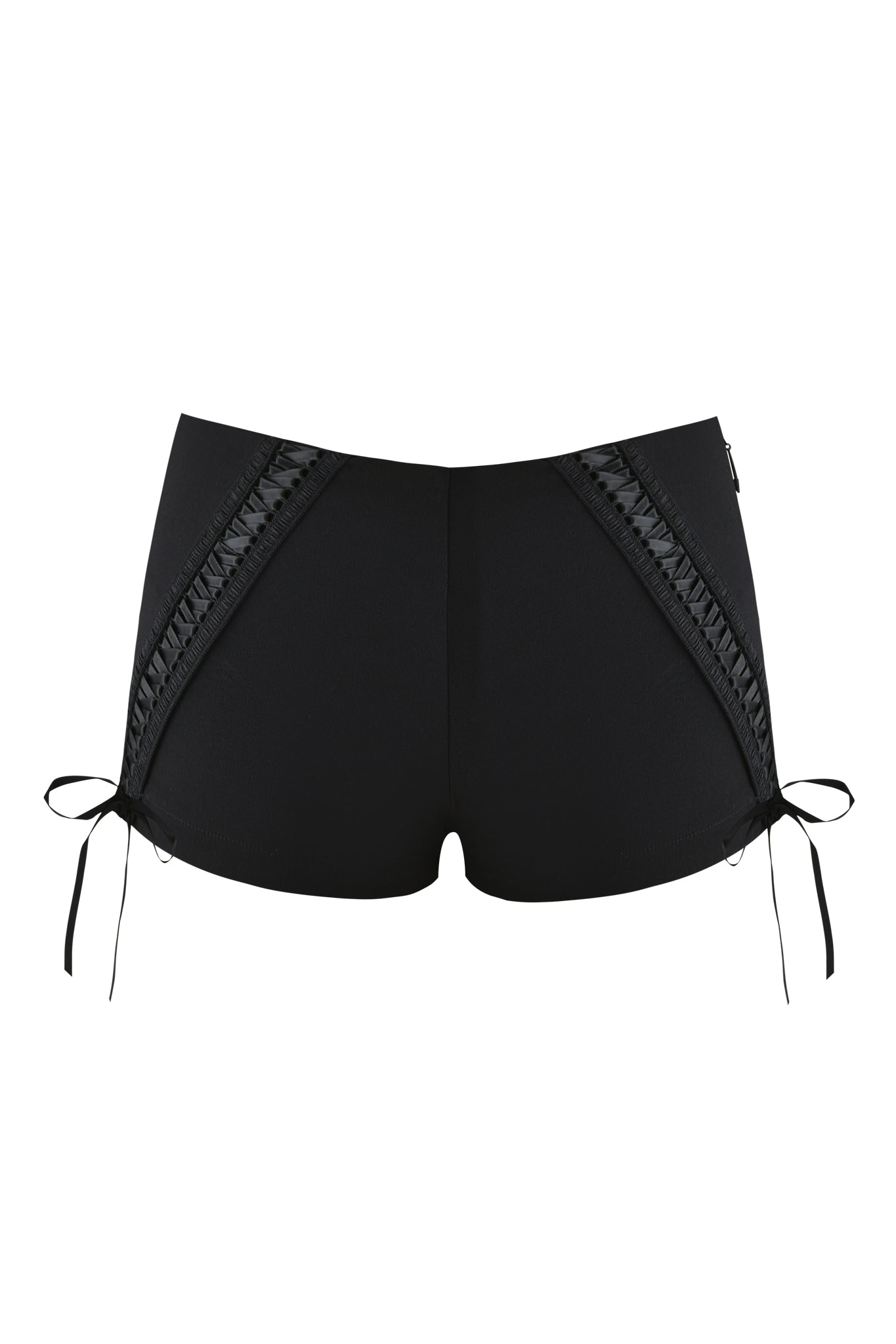 The SAMIRA SHORT - BLACK by I.AM.GIA features a high-waisted, micro mini length with black ribbon details and small bows on each side, flattering bodycon fit, shown from the back against a white background.