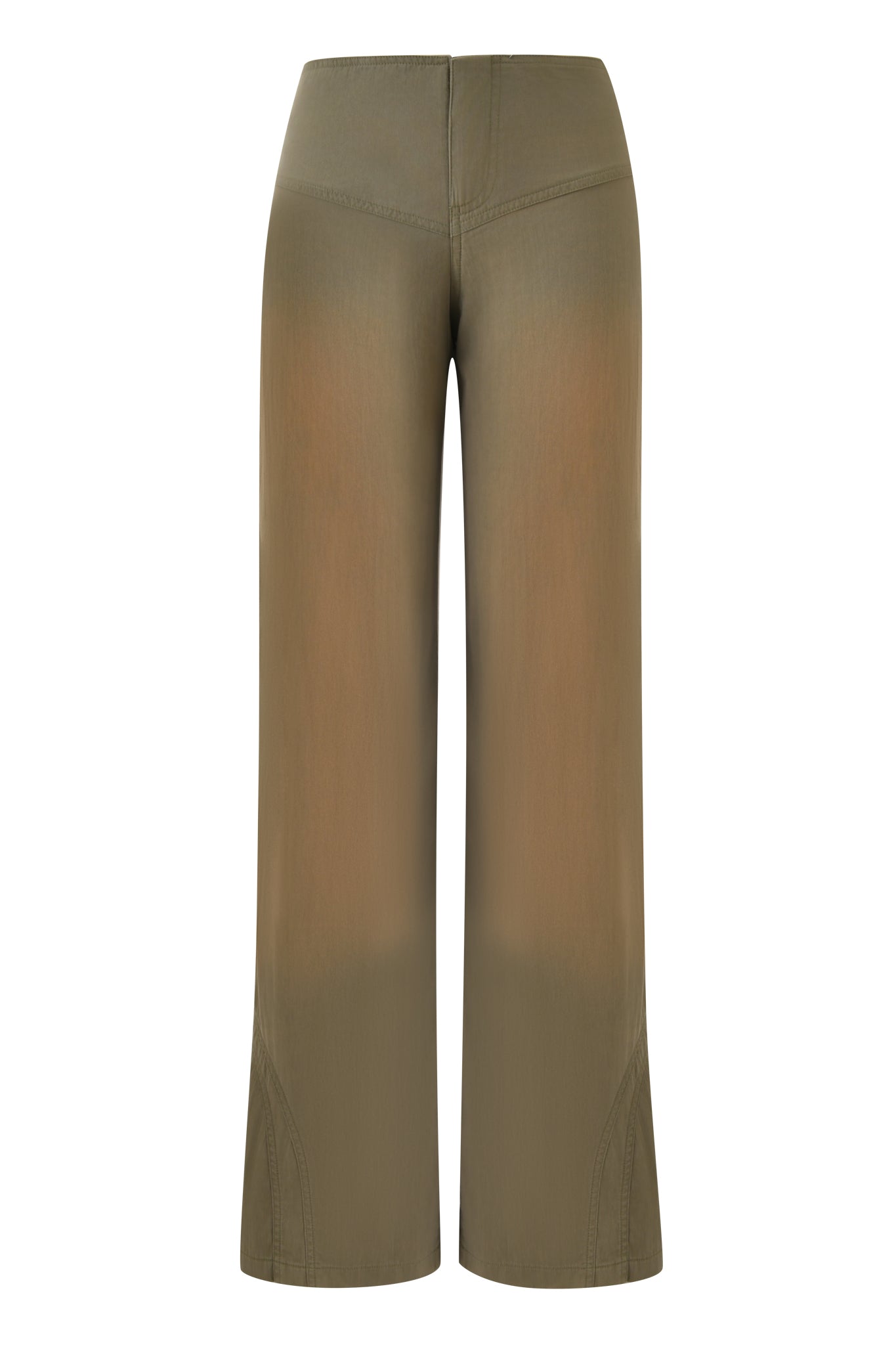 The SEQUOIA PANT by I.AM.GIA features an army green cotton fabric, wide straight leg, high waist, subtle stitching, and a slight flare at the hem, shown on a plain white background.