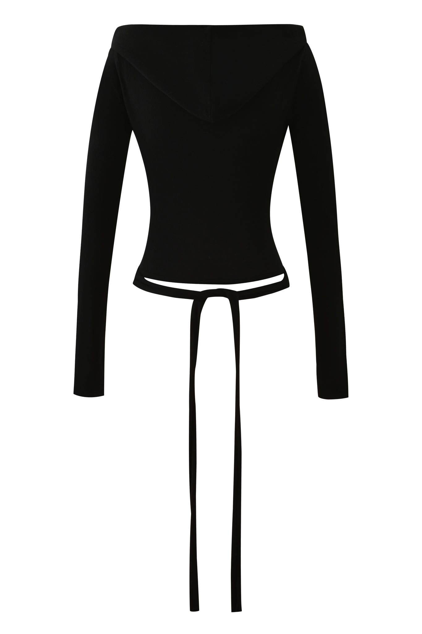 The IRINA KNIT TOP - BLACK by I.AM.GIA features long sleeves, an off-the-shoulder style, a fitted silhouette, and two long waist straps. Made from 100% cotton and shown on a white background.