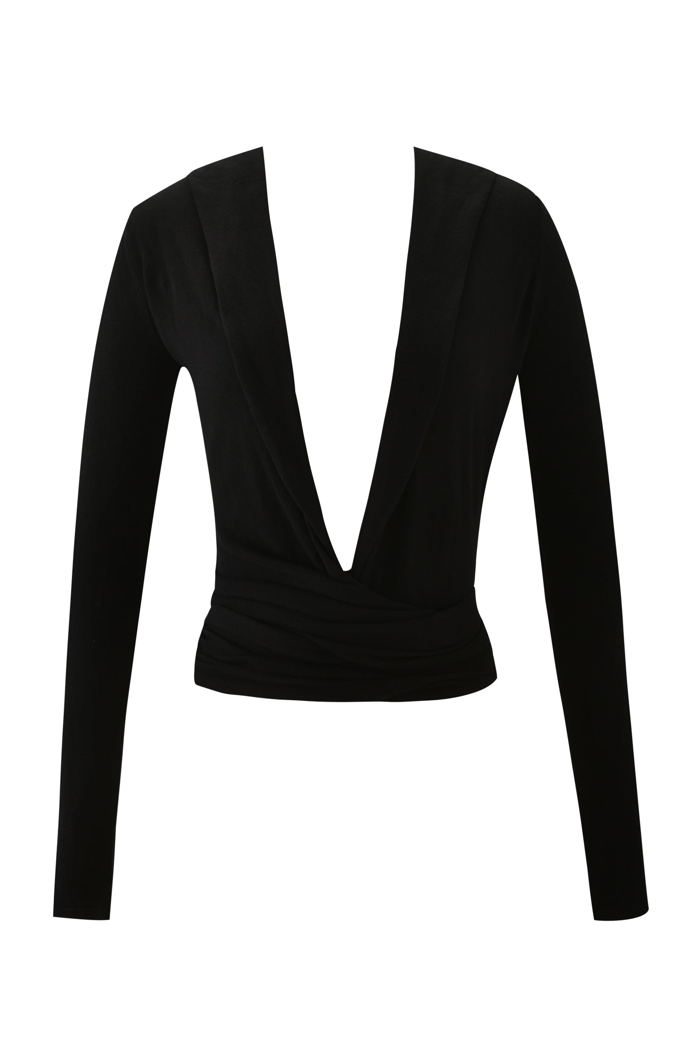 The IRINA KNIT TOP - BLACK by I.AM.GIA is a black long-sleeve wrap top with a deep V-neck and fitted waist, made from 100% cotton, shown on a white background.
