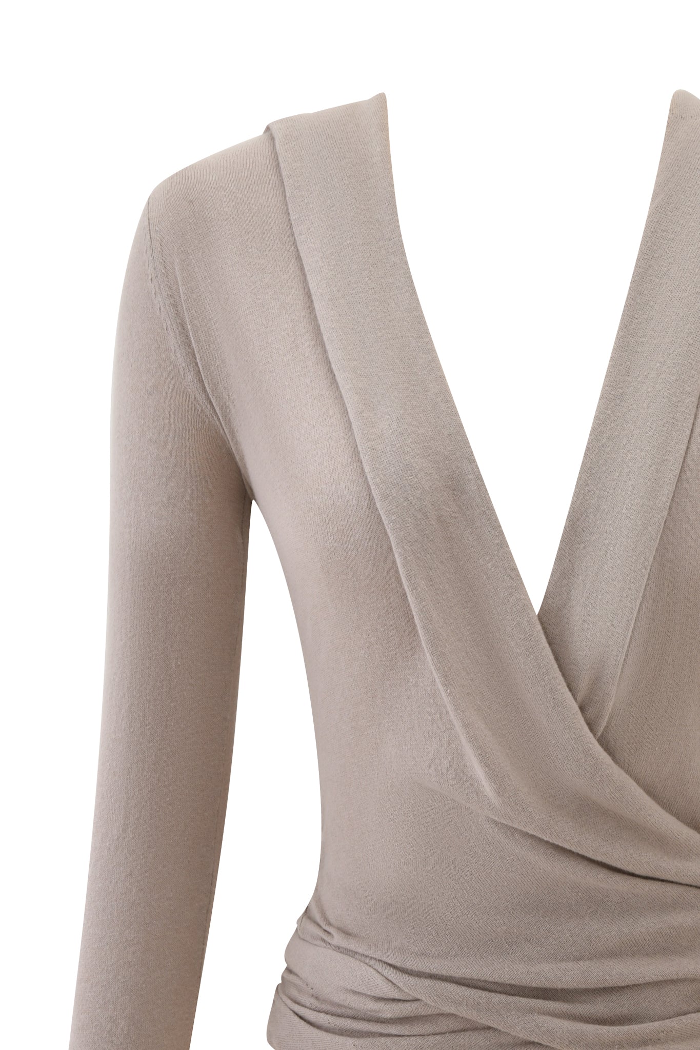 The IRINA KNIT TOP by I.AM.GIA is a beige, mid-length hooded wrap top with long sleeves, a deep V-neck, and draped front detail, shown on a white background.