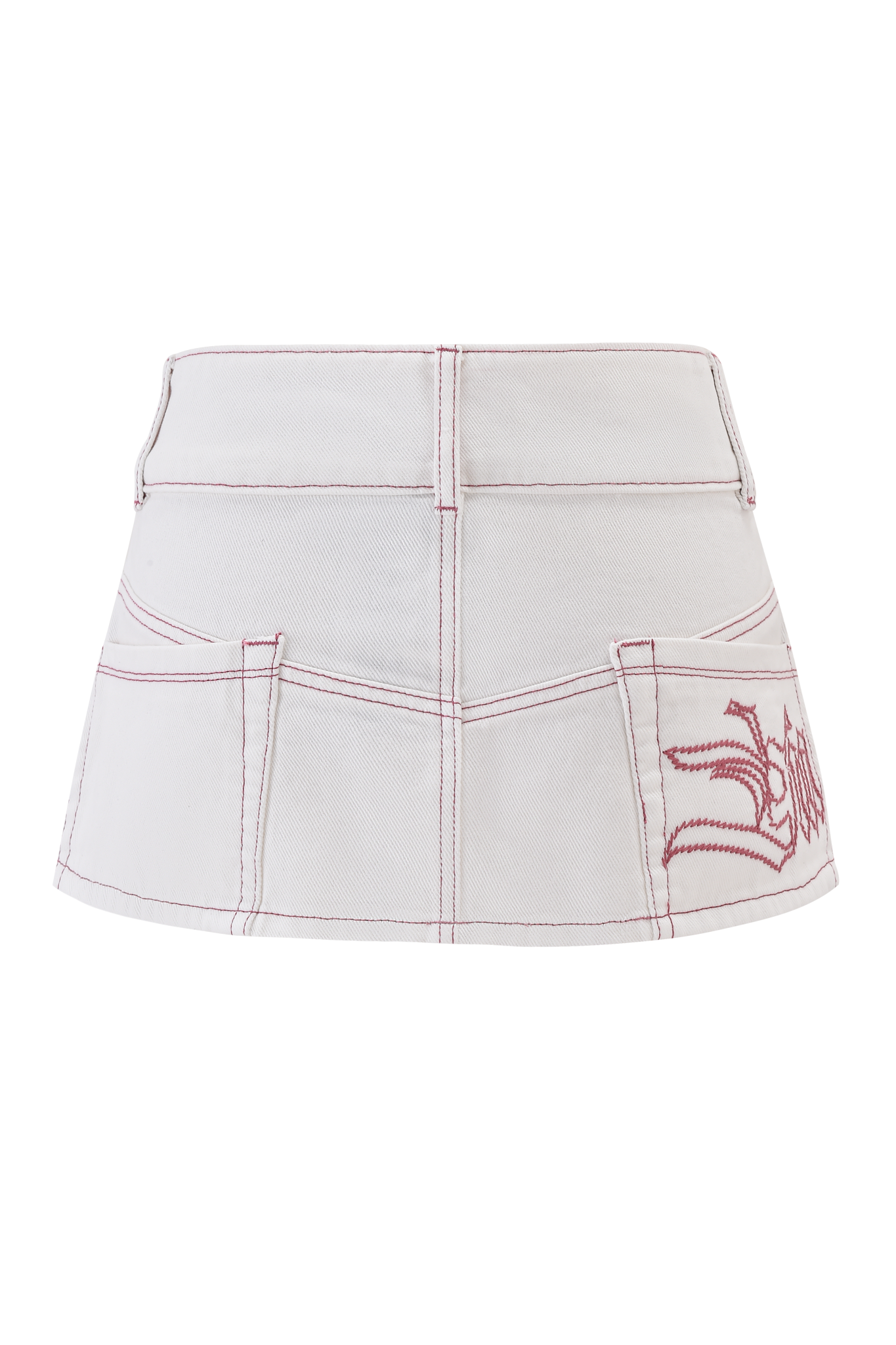 The MOXIE DENIM MINI SKORT - WHITE by I.AM.GIA is a 100% cotton white mini skort with hot pink contrast stitching, large back pockets, and a graffiti-style red design on the right pocket.