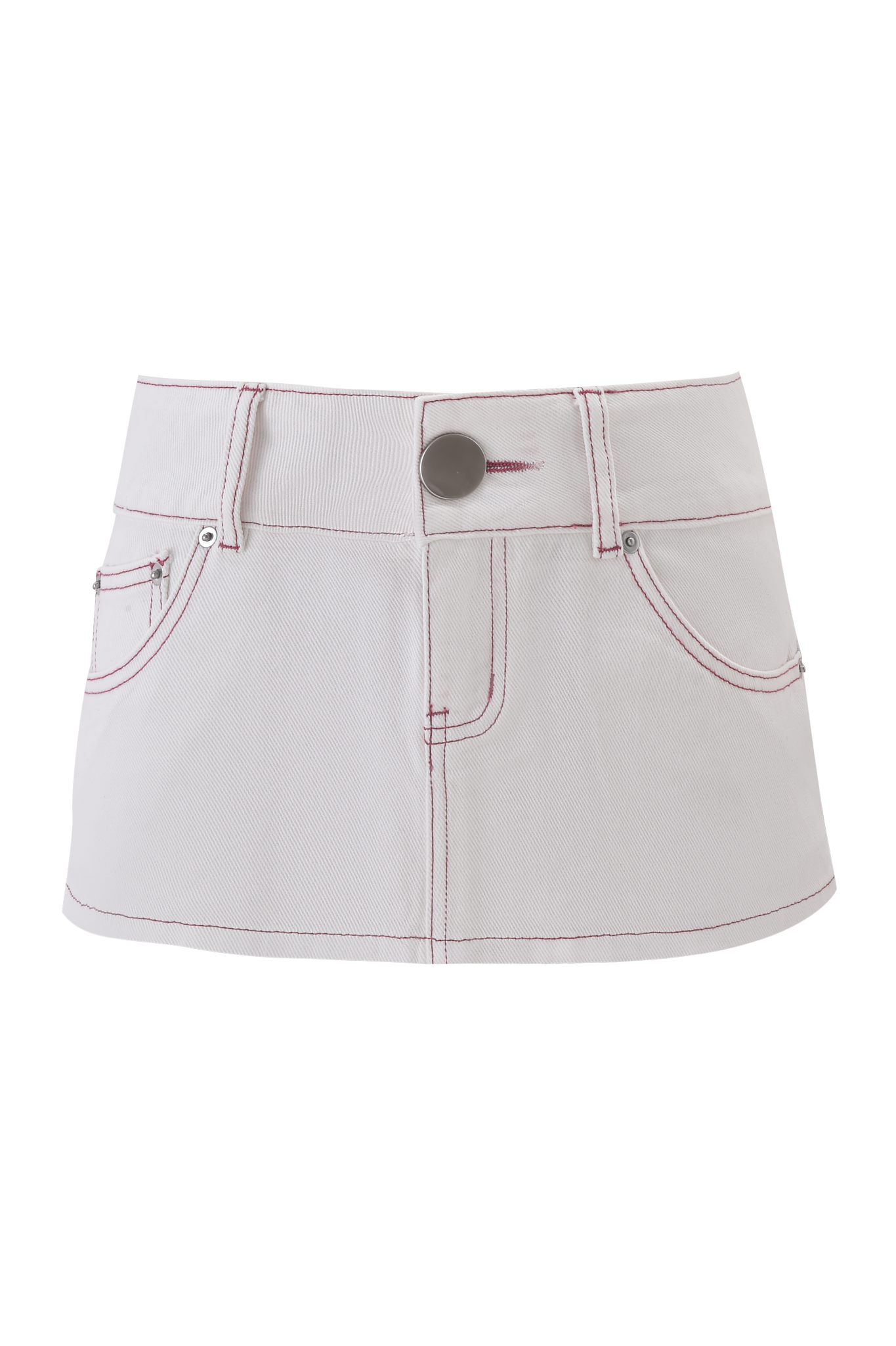 The I.AM.GIA MOXIE DENIM MINI SKORT in white is made from 100% cotton and features front pockets, belt loops, a metal button closure, and bold hot pink contrast stitching.