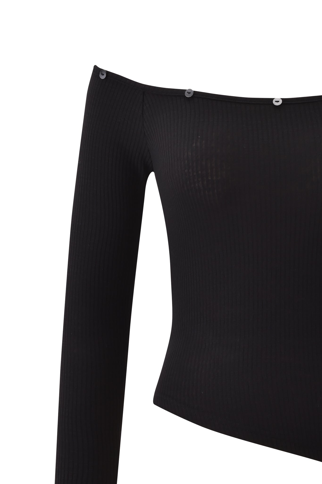 The CECILY TOP - BLACK by I.AM.GIA features a ribbed off-shoulder design with long sleeves, metallic buttons along the neckline, and a removable faux fur collar, shown against a plain white background.