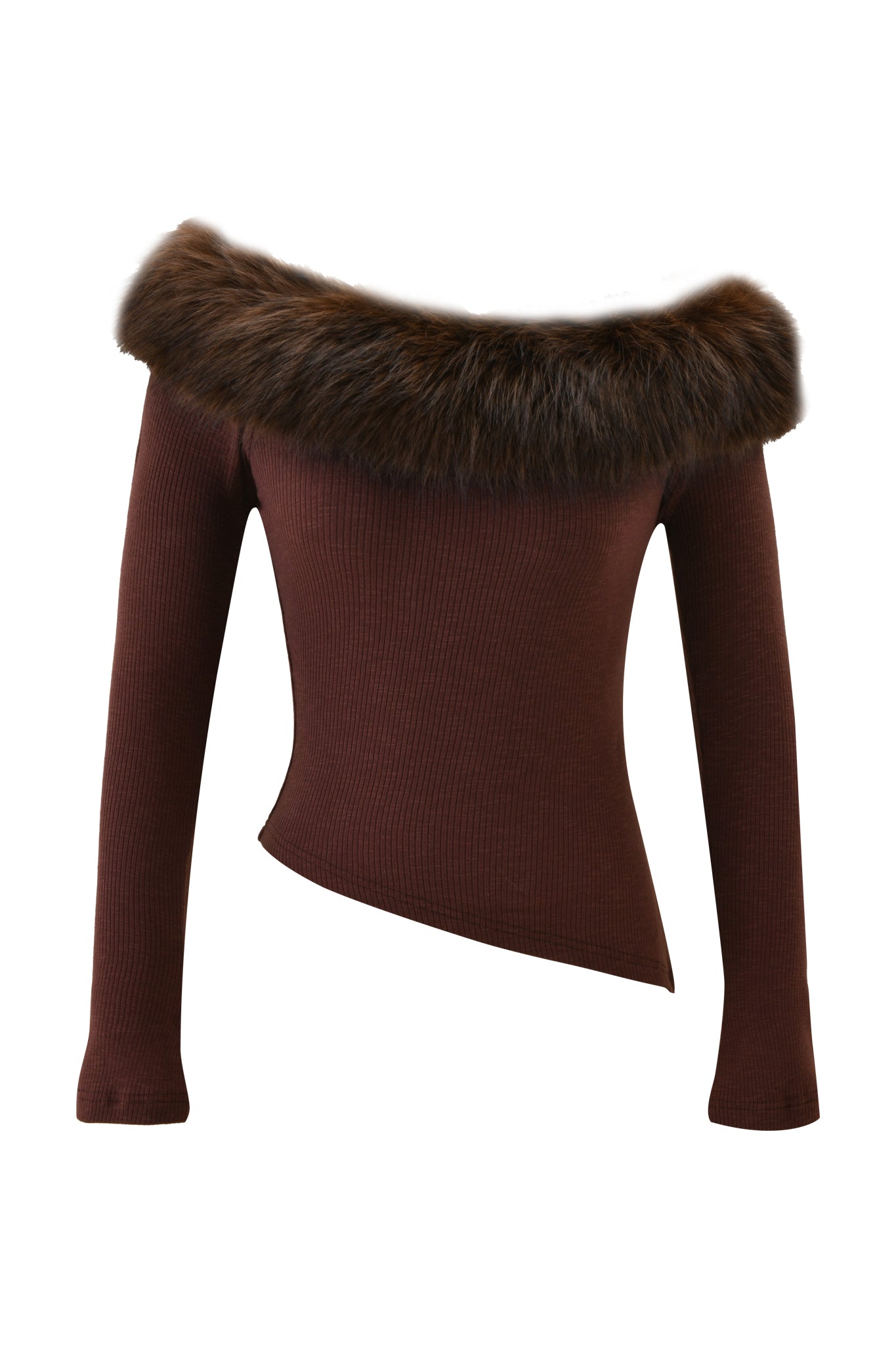The I.AM.GIA CECILY TOP - BROWN is a ribbed, off-shoulder long sleeve top with a removable faux fur collar and asymmetrical hemline, shown in dark brown against a white background.