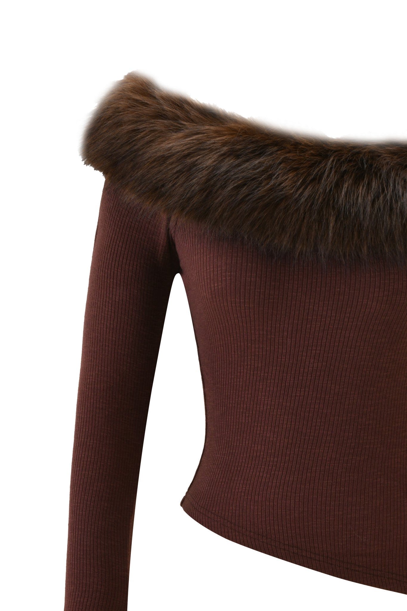 A close-up of the I.AM.GIA CECILY TOP in brown, featuring ribbed long sleeves and an off-the-shoulder design with a dark brown faux fur collar, set against a white background.