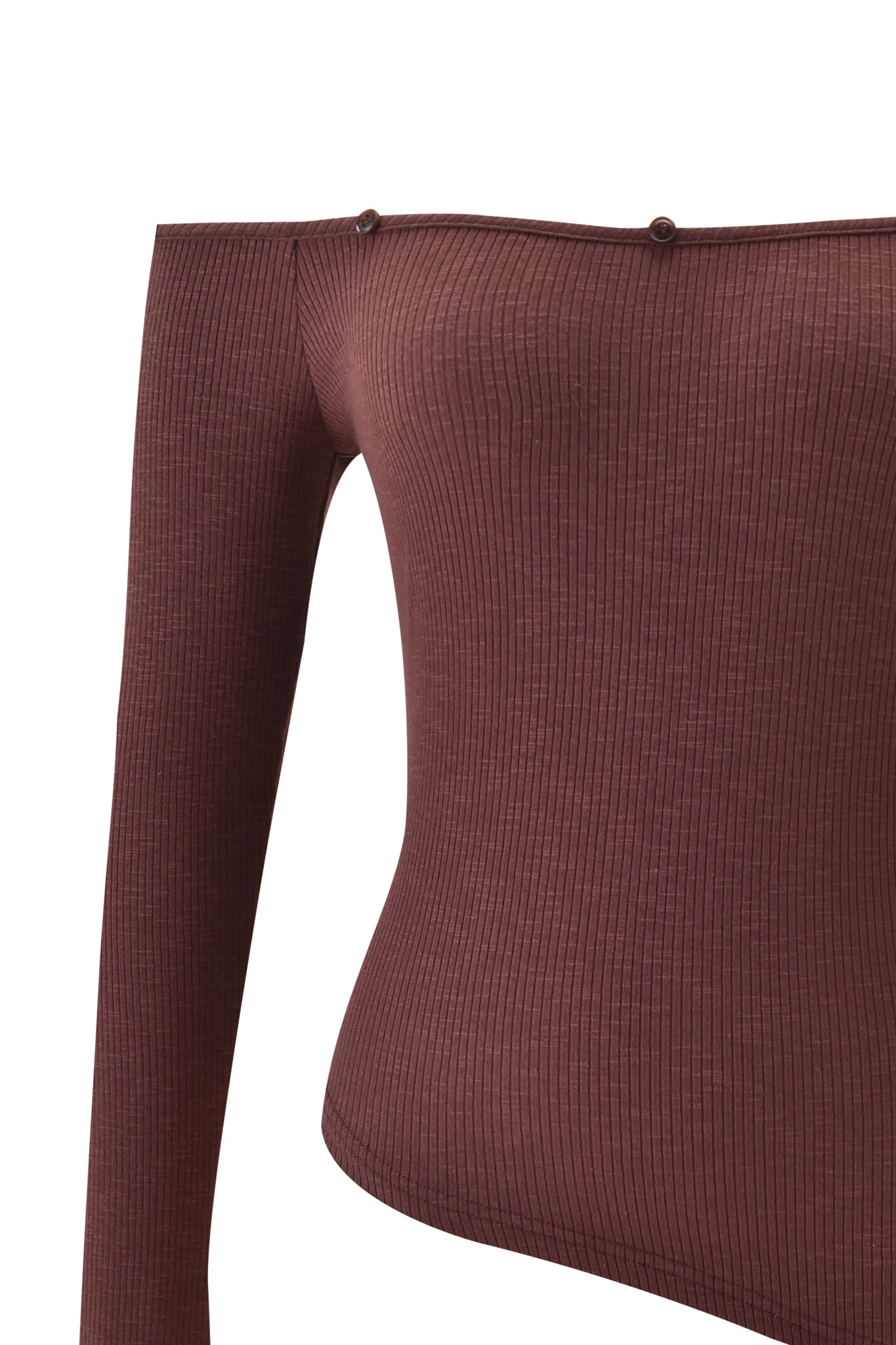 A close-up of the I.AM.GIA CECILY TOP in brown shows its ribbed, off-shoulder design with long sleeves and three small buttons at the neckline, photographed against a white background.