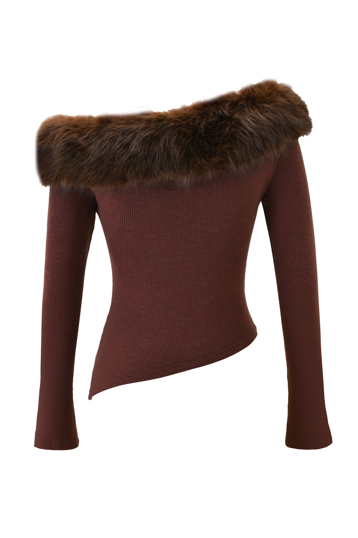 The CECILY TOP by I.AM.GIA is a chic brown ribbed long sleeve top, featuring an off-the-shoulder design, luxe faux fur collar, and asymmetrical hem for standout style.