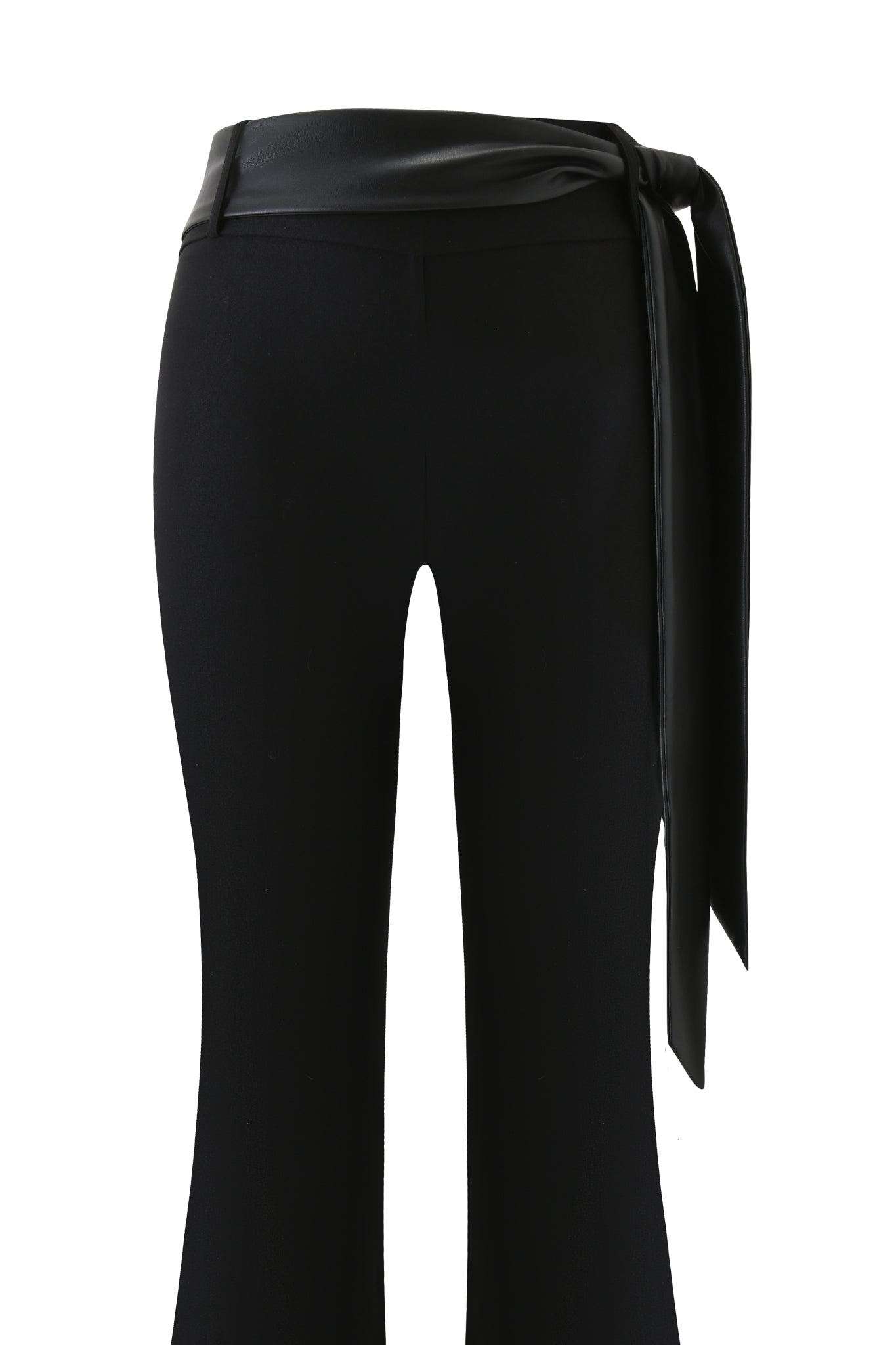 The I.AM.GIA FELIZ PANT - BLACK features a high waist, wide waistband, long faux leather sash belt tied at the side, and a flare leg. The smooth fabric fits closely through the hips and thighs.