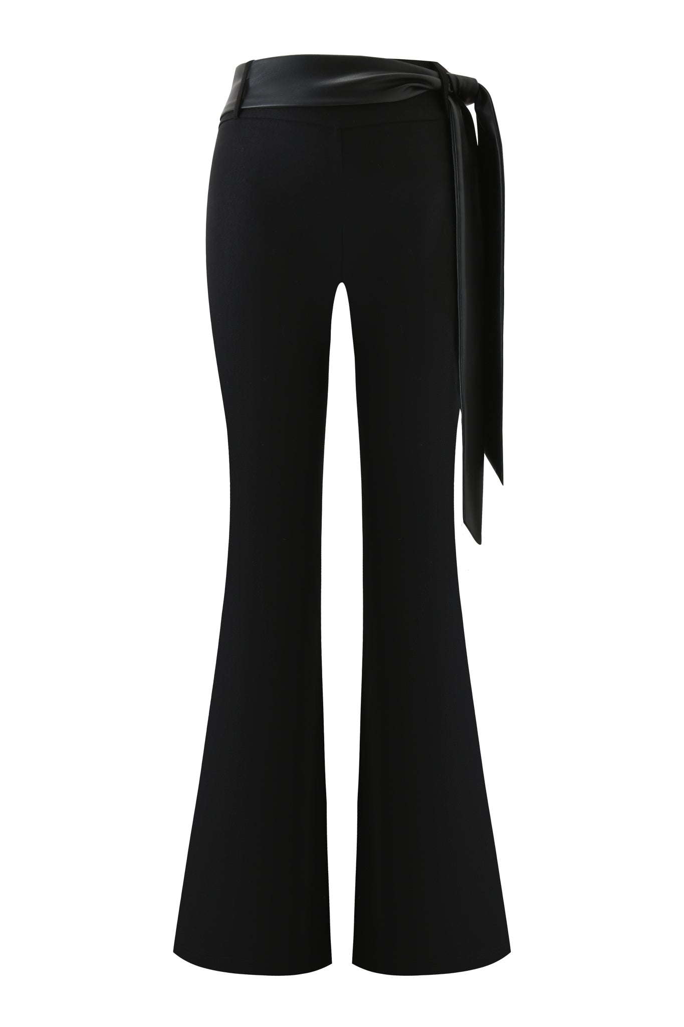 The FELIZ PANT - BLACK by I.AM.GIA features high-waisted black flare legs, a wide waistband, and a matching faux leather belt tied at the waist, shown from the back against a white background.