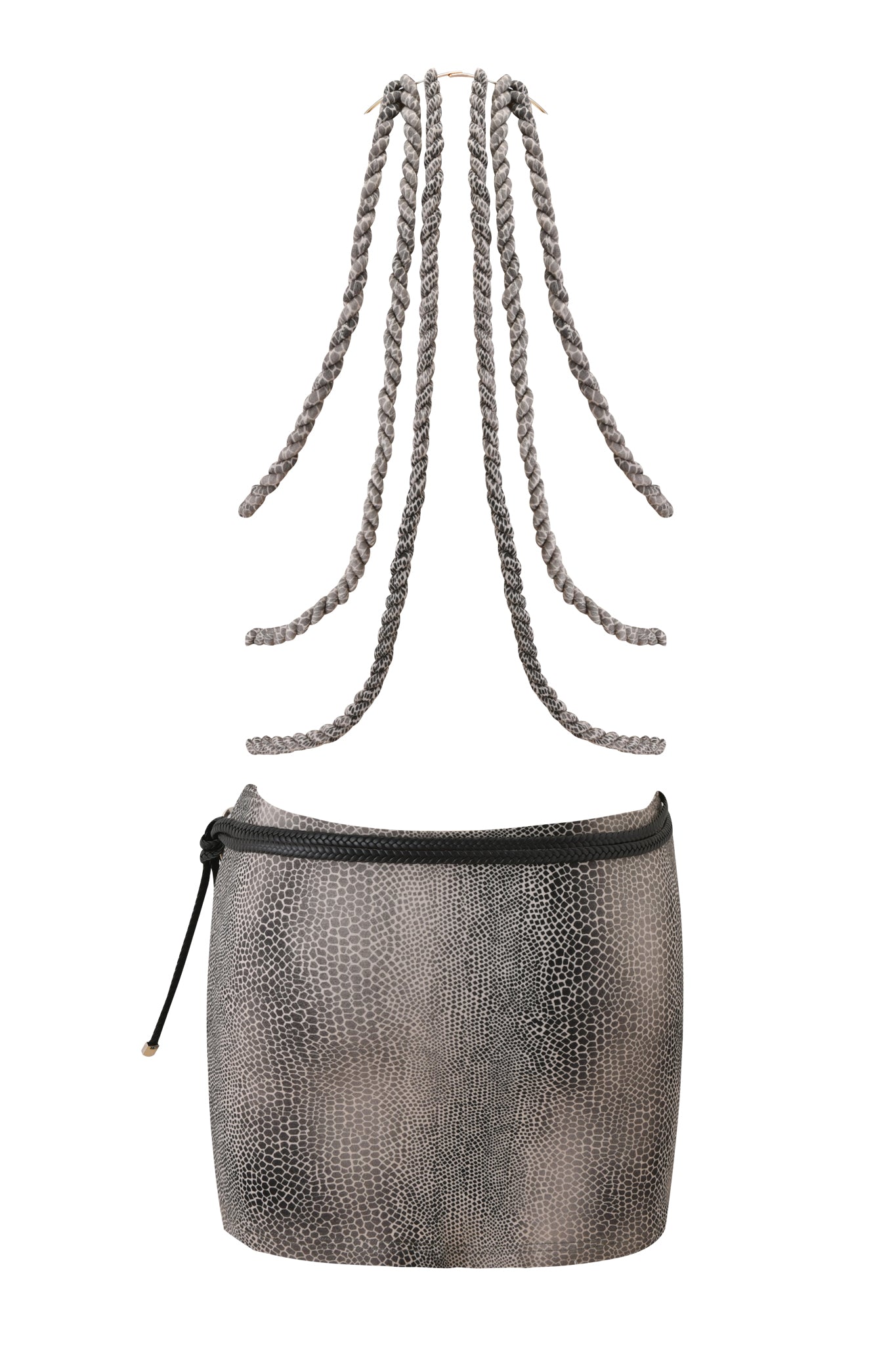 The CHIVA MINI DRESS - SERPICO by I.AM.GIA is a gray textured mini dress with long braided straps hanging from the neckline, creating an exclusive, statement look.