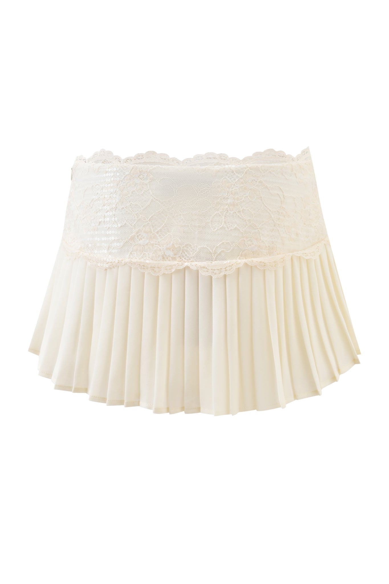 The SALOME MINI SKIRT - IVORY by I.AM.GIA is a georgette micro pleated mini skirt with a scalloped lace waistband and a flared silhouette.