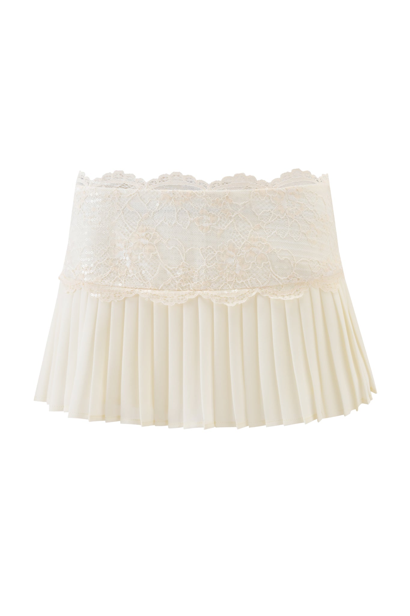 The SALOME MINI SKIRT - IVORY by I.AM.GIA is an ivory georgette micro pleated mini skirt with a delicate lace waistband overlay, shown against a white background.