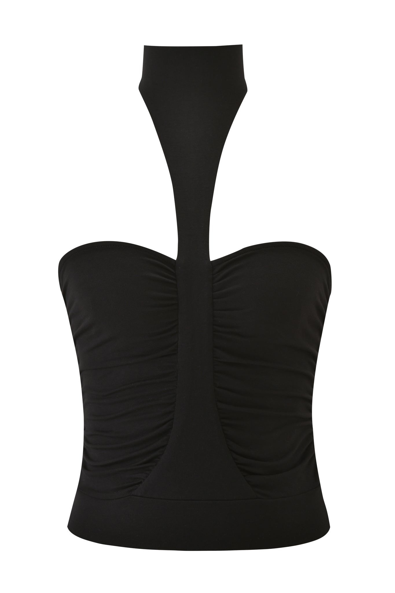 The SENNA TOP - BLACK by I.AM.GIA is a strapless, ruched black boob tube with a fitted, stretchy bodice and a unique high neck strap that rises from the center.