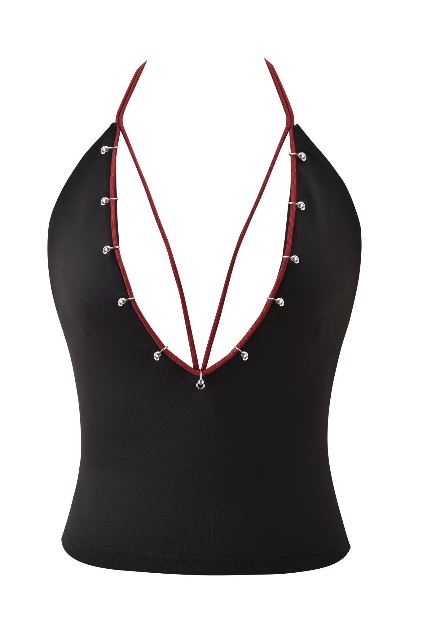 The ONYX TOP - BLACK by I.AM.GIA features a bold bodycon fit, a plunging neckline, striking red straps, and silver ring accents for a standout, stylish look.