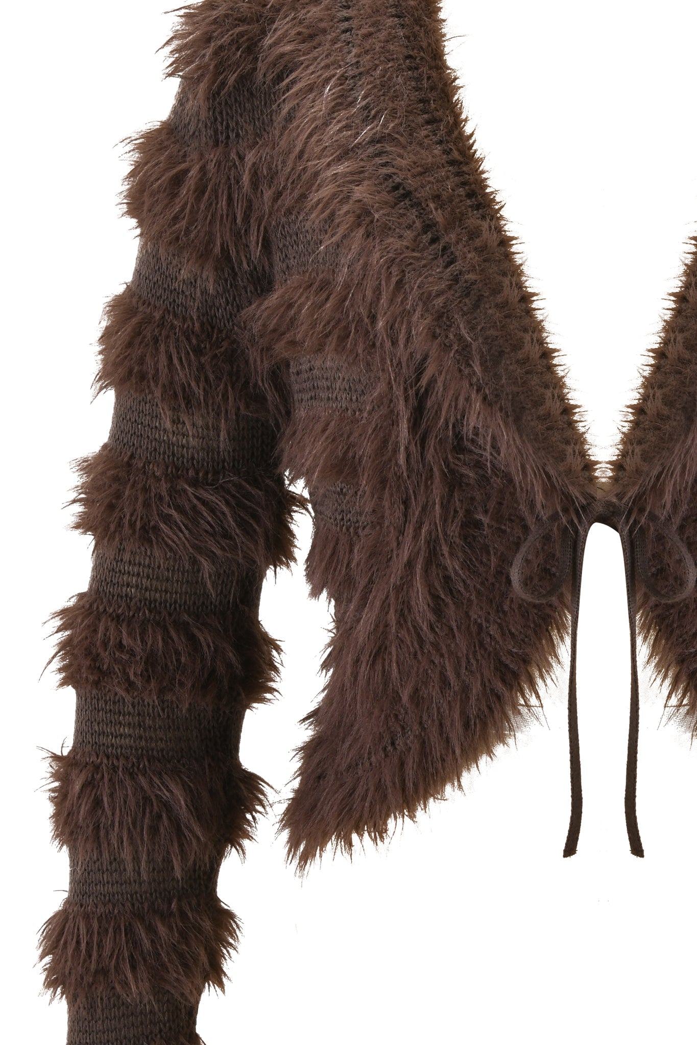 The DEMETRIA CARDIGAN by I.AM.GIA is a chocolate brown, long-sleeved cropped knit with shaggy faux fur details and a tie front, shown here on a white background.