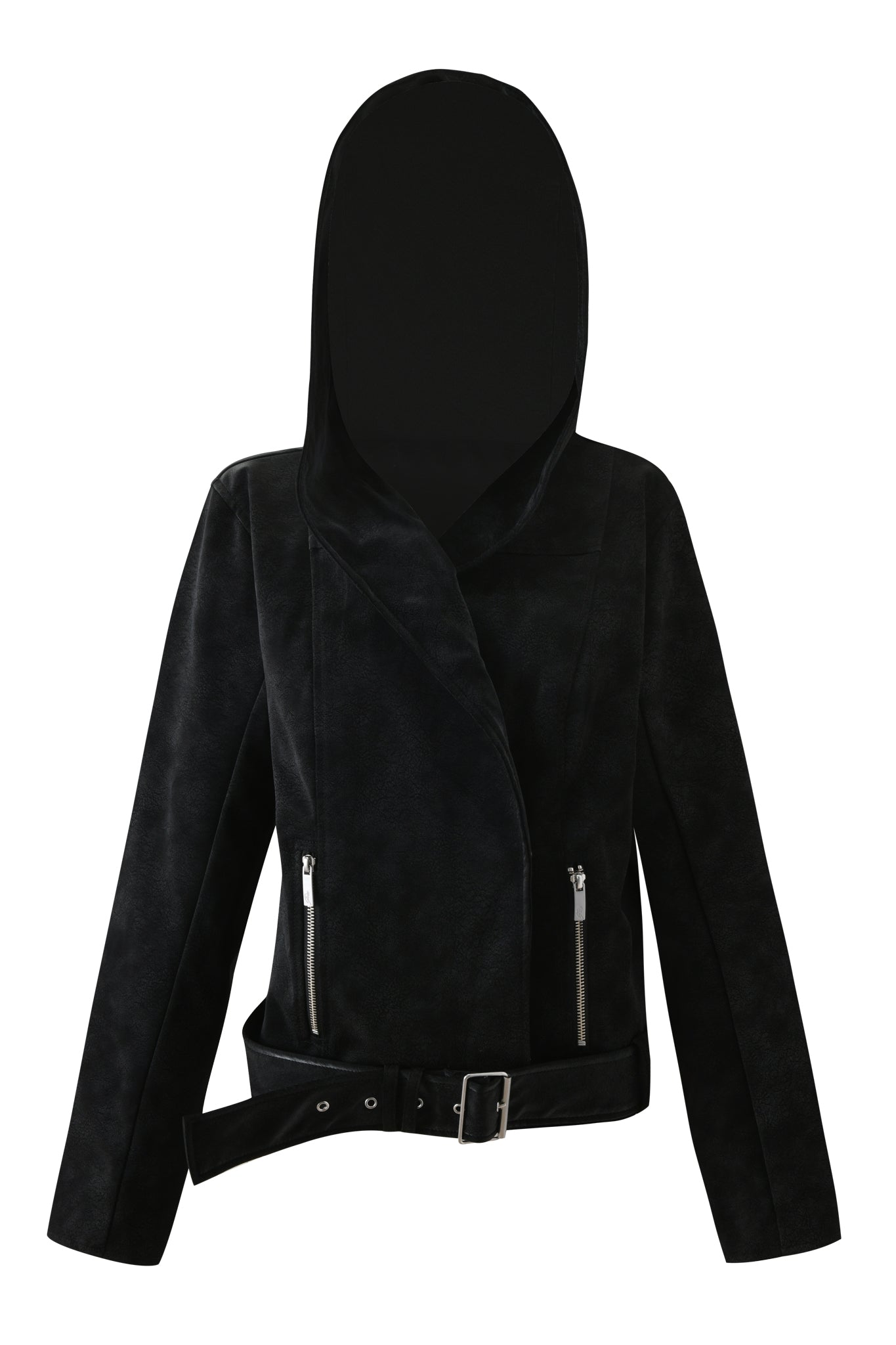 The ANDROMEDA JACKET - BLACK by I.AM.GIA is a faux leather moto jacket with an oversized hood, asymmetrical zipper, two front zippered pockets, and a belted waist, shown on a plain white background.