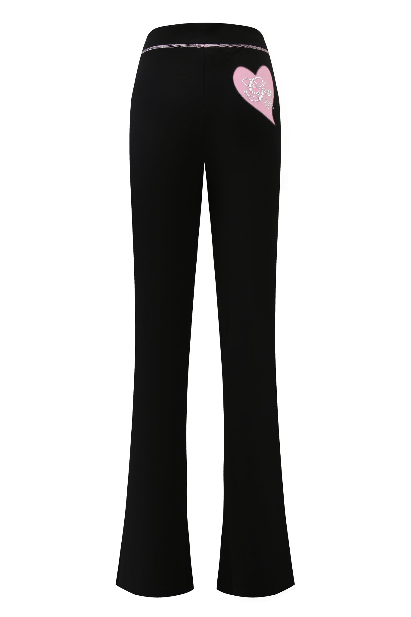 The I.AM.GIA FAFI BLARE PANT in black is shown from the back, featuring a pink rhinestone heart graphic near the waistband—signature bold style from I.AM.GIA.