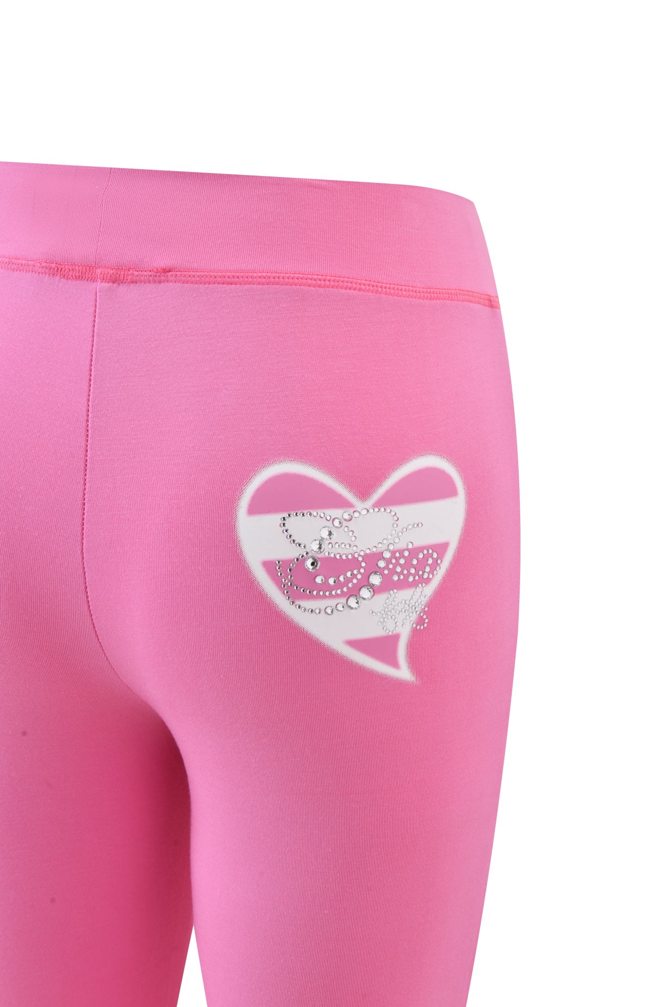 Close-up of the I.AM.GIA FAFI BLARE PANT in bubblegum pink, part of the Fafi collaboration, featuring a white heart with rhinestone accents on the hip, against a plain white background.