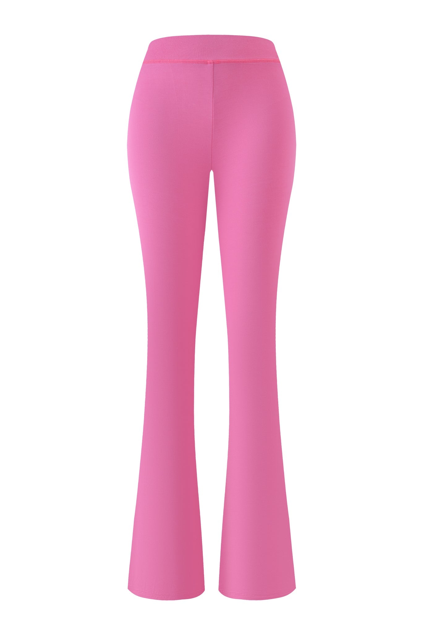 The FAFI BLARE PANT in bubblegum pink by I.AM.GIA features a high-waisted flared design, fitted waistband, and smooth fabric, as seen from the back.