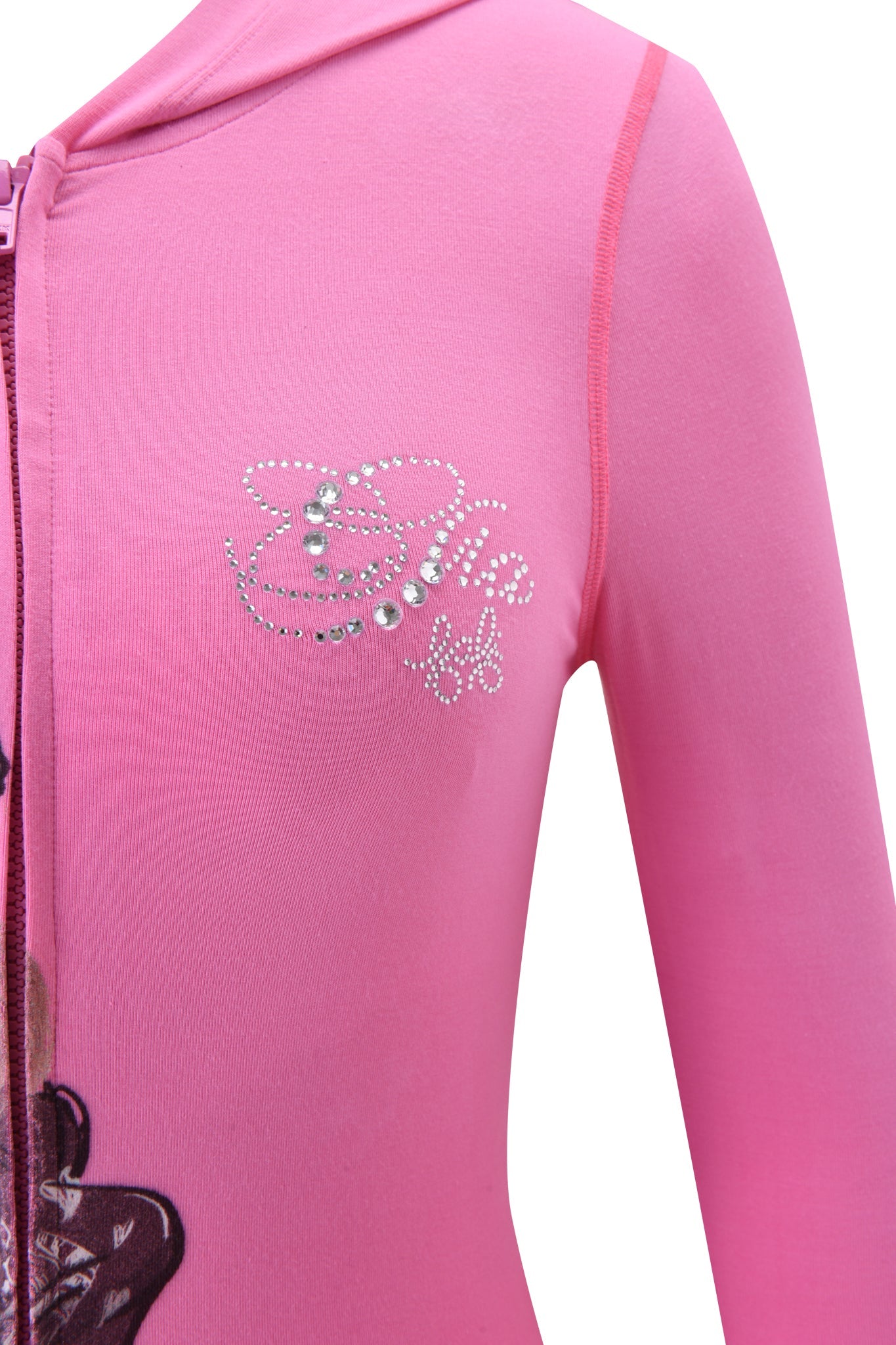 Close-up of the I.AM.GIA FAFI BLARE HOODIE in bubblegum pink, showing rhinestones spelling "Barbie" and a butterfly detail on the chest. Only the upper portion of this zip-up hoodie is visible.