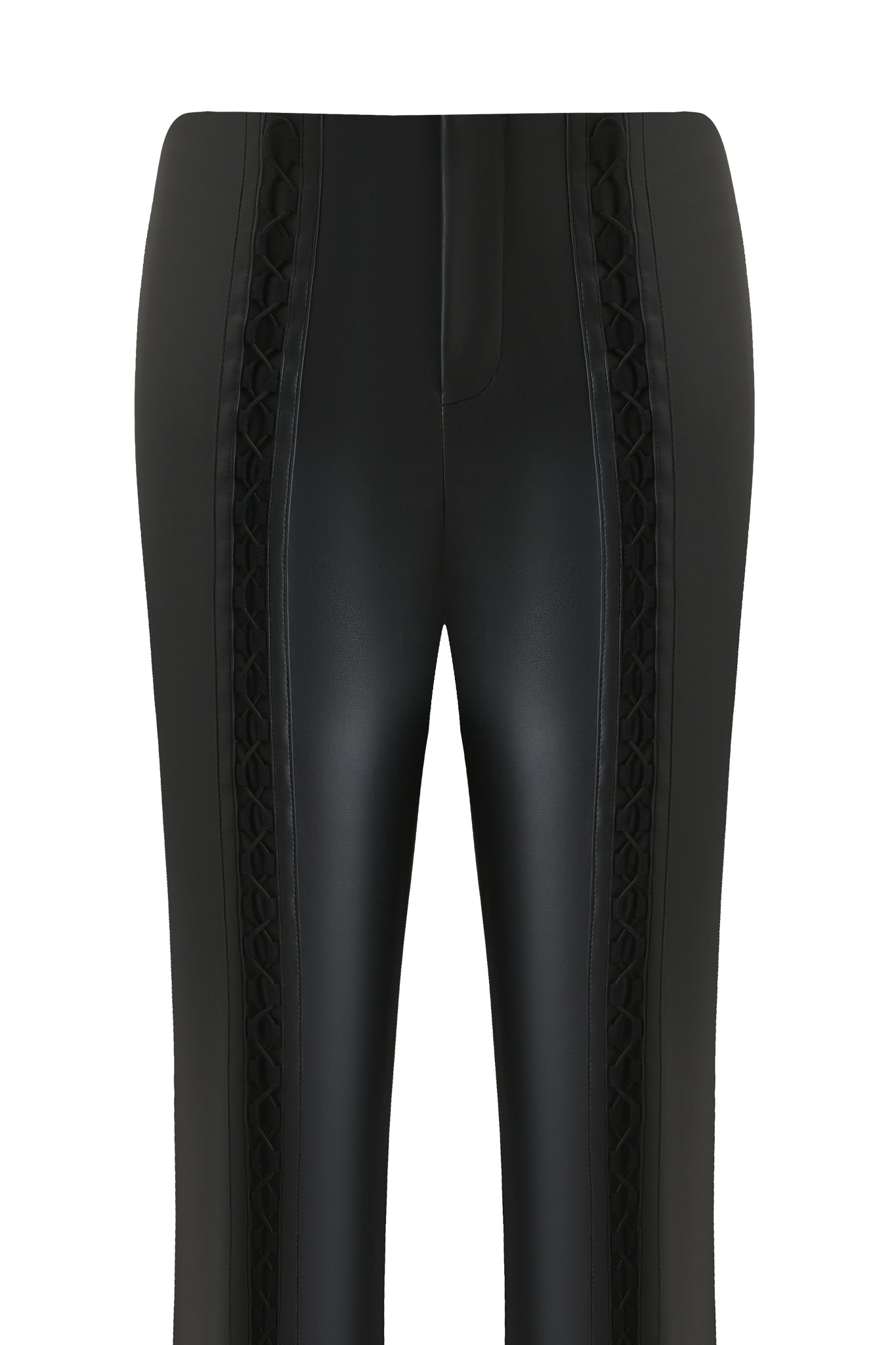 The KENDRIX PANT - BLACK by I.AM.GIA is a high-waisted black faux leather moto pant with decorative braided front trim, a smooth shiny finish, and a fitted silhouette for an edgy look.