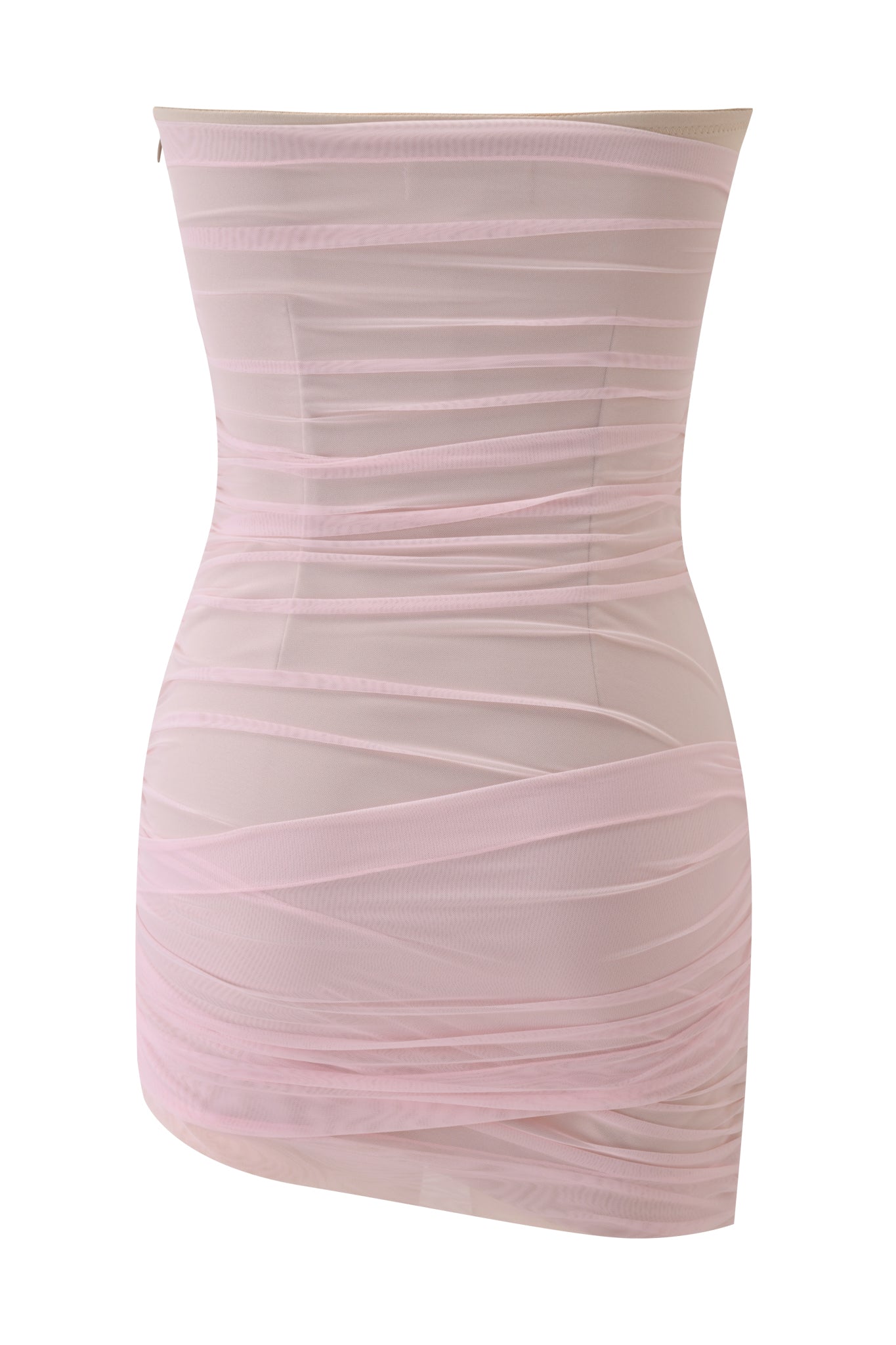 The LARK MINI DRESS - PINK by I.AM.GIA is a strapless, light pink mini dress with sheer crisscross mesh layers over a solid base and an asymmetrical hem for a chic look.