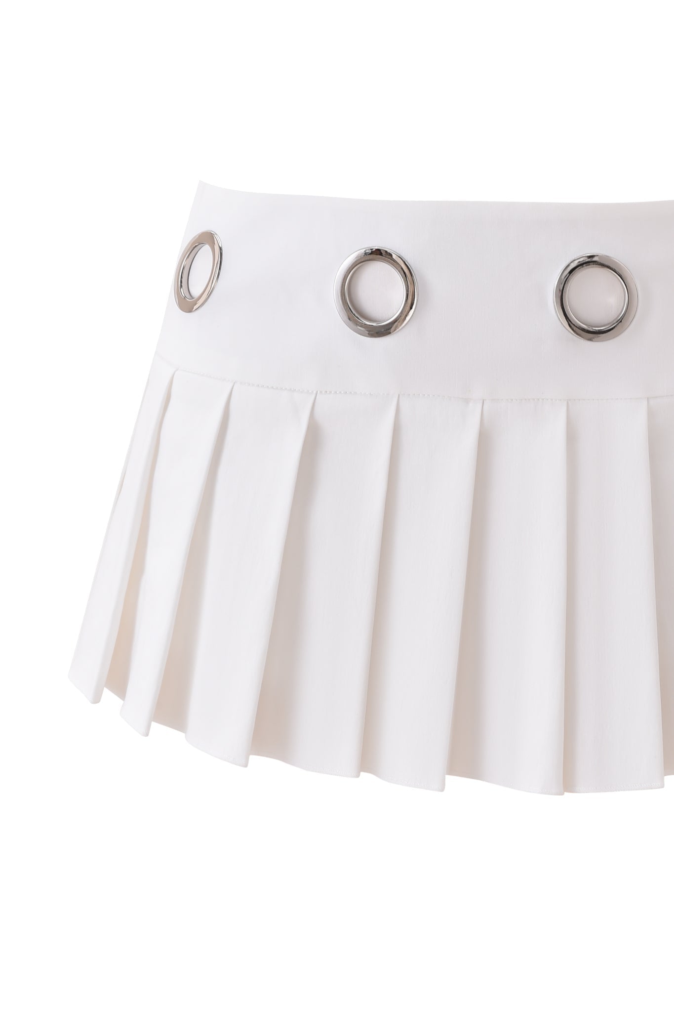 The JAYMES SKORT - WHITE by I.AM.GIA is a white mini skort with a low-rise waist and bold silver grommet accents along its pleated skirt waistband.