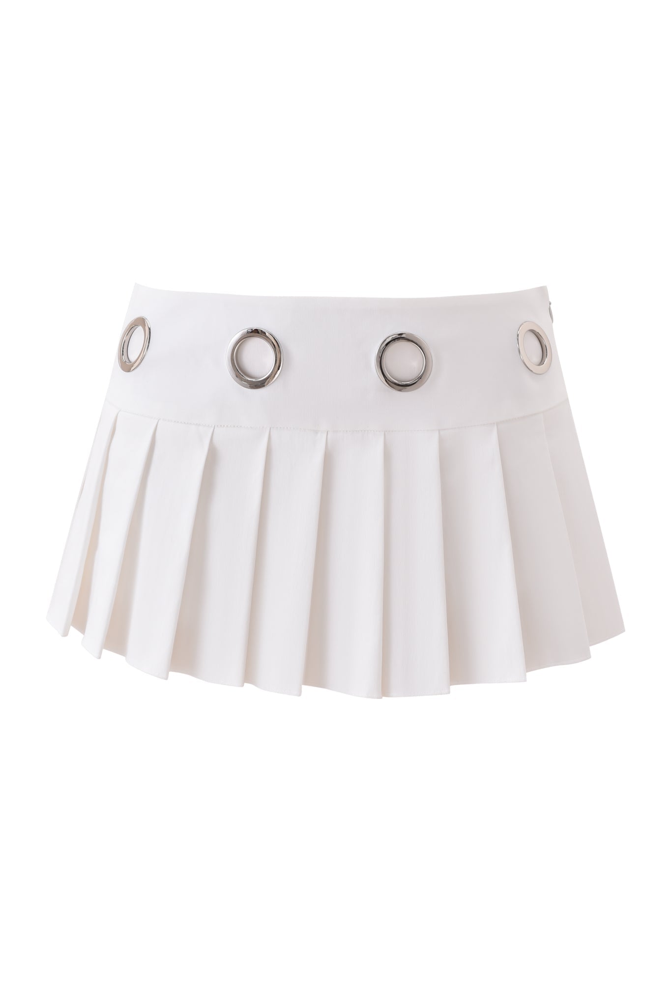 The JAYMES SKORT - WHITE by I.AM.GIA is a white pleated mini skort featuring four large silver grommets evenly spaced along the low-rise waist.
