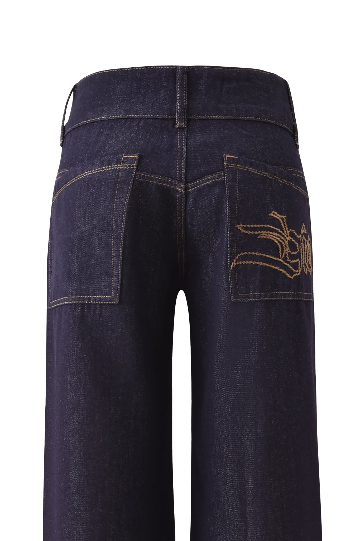 Back view of the I.AM.GIA MOXIE JEAN - INDIGO shows wide legs, a wide waistband, two back pockets with decorative tan stitching on the right, and visible seams in dark blue denim.