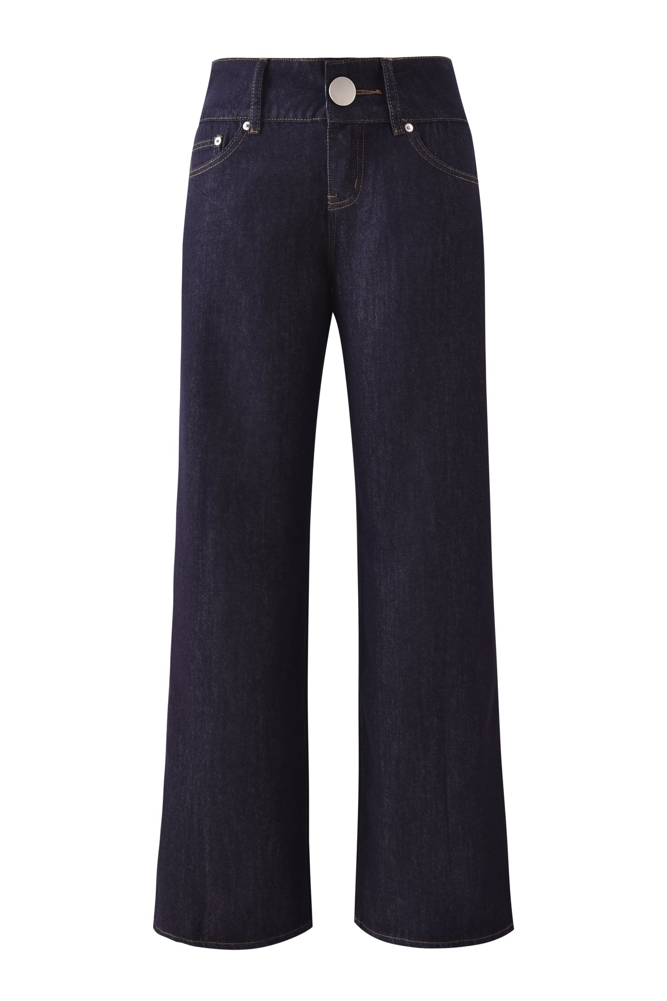 The MOXIE JEAN - INDIGO by I.AM.GIA features dark blue high-waisted wide-leg jeans with a wide waistband, front button and zip closure, contrast stitching, and front and back pockets, shown against a white background.