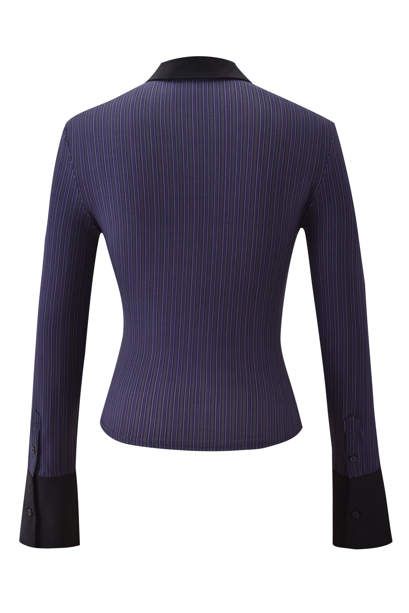 A back view of the SHARAH TOP - BLUE PINSTRIPE by I.AM.GIA, a fitted long-sleeve blazer in dark blue and black pinstripe jersey, featuring black cuffs and collar.