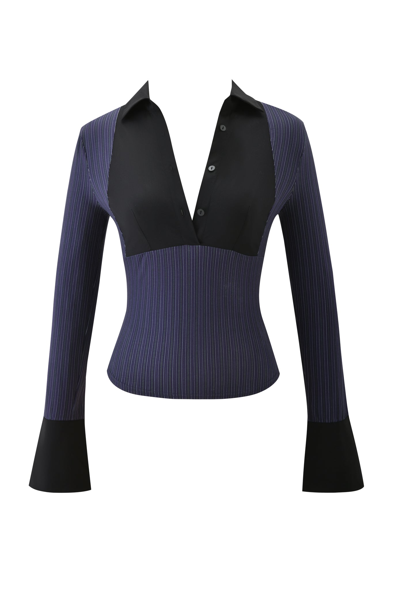 The SHARAH TOP - BLUE PINSTRIPE by I.AM.GIA is a long-sleeve women’s blouse with a deep V-neck, black collar and cuffs, made from blue pinstripe jersey, fitted at the waist with flared cuffs for a modern silhouette.