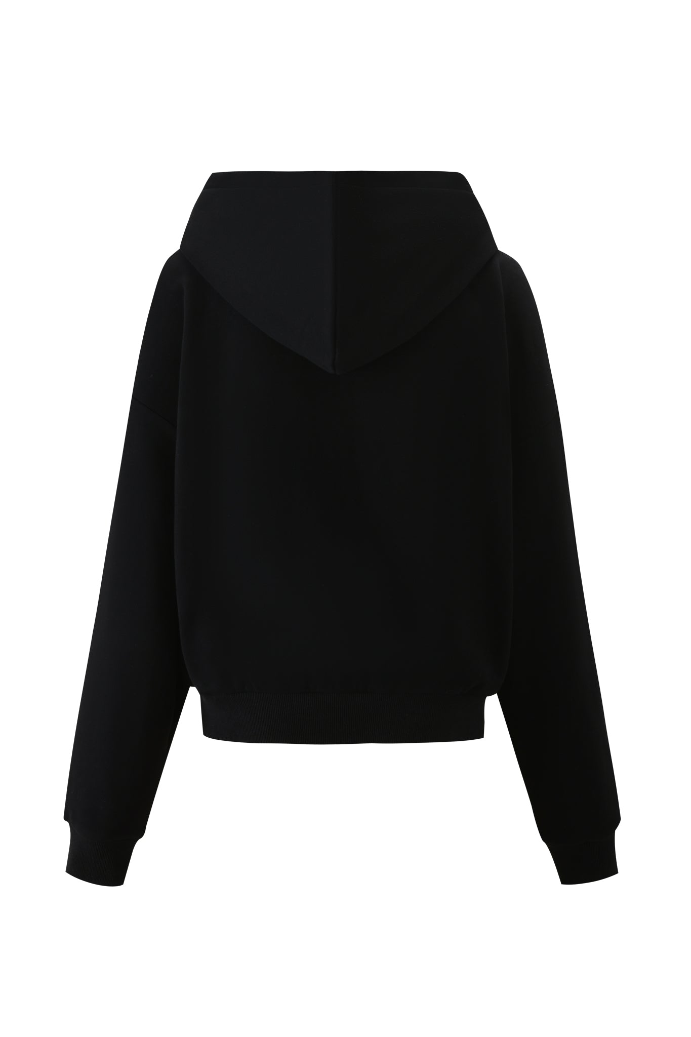 Back view of the FAFI HOODIE in black by I.AM.GIA, featuring an oversized fit, long sleeves, ribbed cuffs, and waistband, shown on a white background. Inspired by I.AM.GIA’s signature streetwear style.