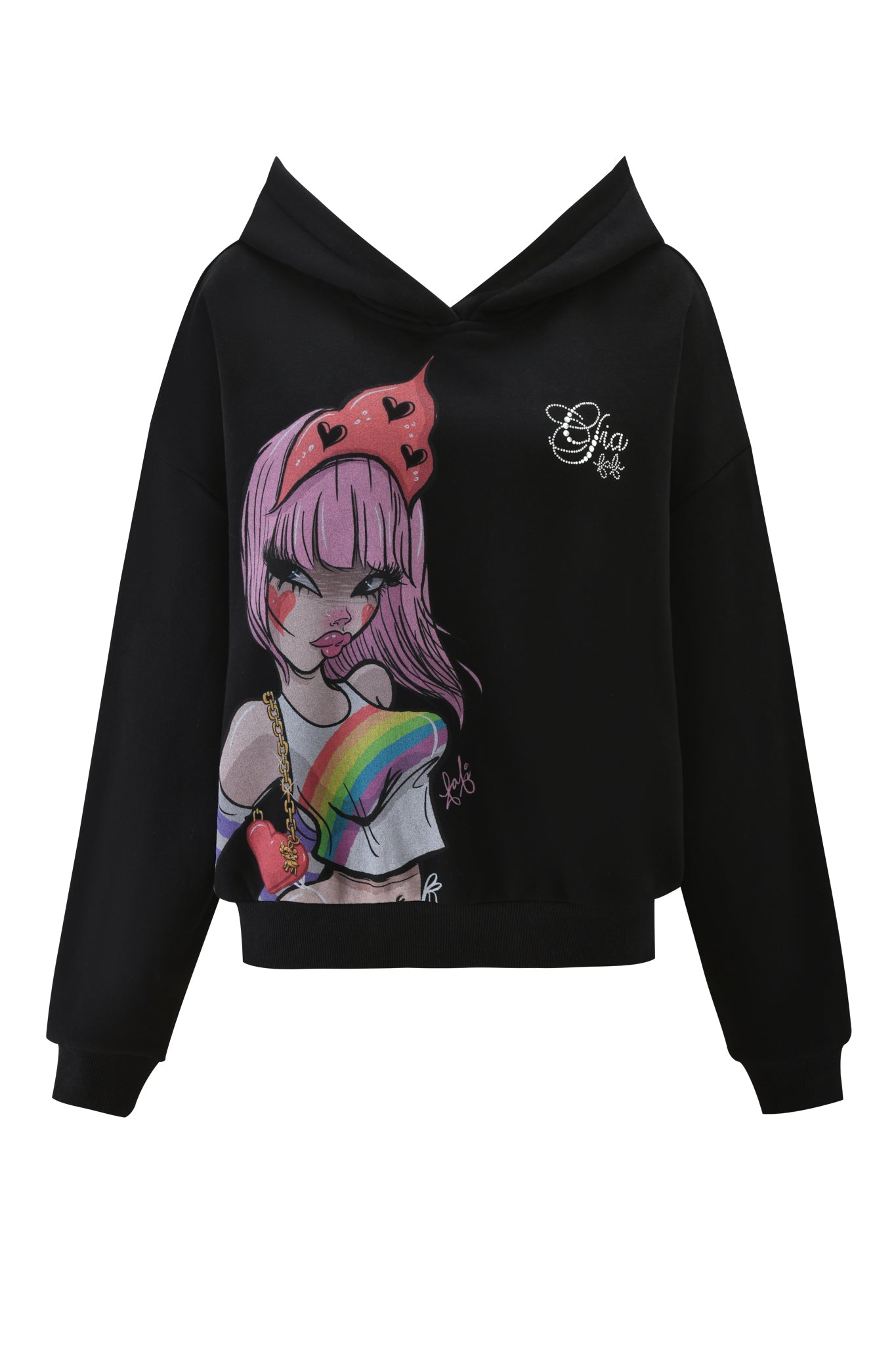 The FAFI HOODIE - BLACK by I.AM.GIA is an oversized black hoodie featuring a colorful pink-haired Fafinettes girl with a heart headband, rainbow on her chest, and white "Ojia" script on the upper left side.