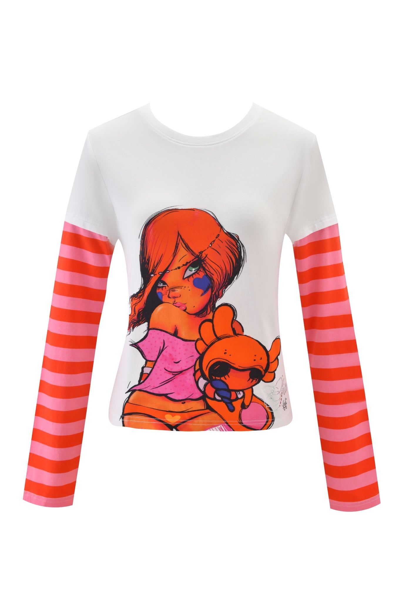 The I.AM.GIA FAFI DOUBLE LAYER TEE - WHITE features red and pink striped long sleeves and a cartoon girl with red hair and an orange crab, making it a playful Fafinette collaboration piece.