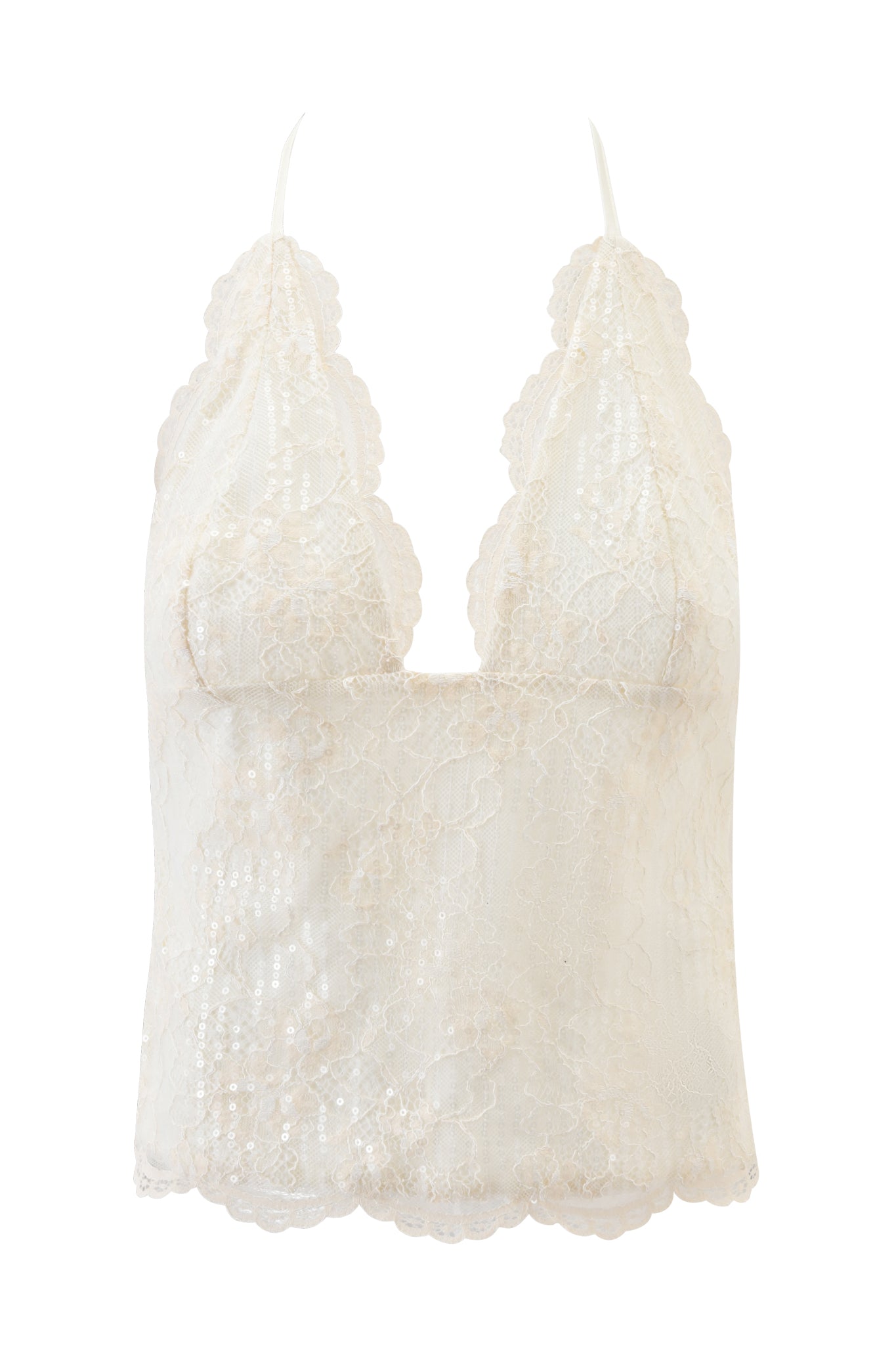 The I.AM.GIA GEM HALTER TOP 2.0 in ivory features a cream lace design with scalloped edges, thin straps, floral lace pattern, deep V neckline, and sequin lace overlay for added shimmer.