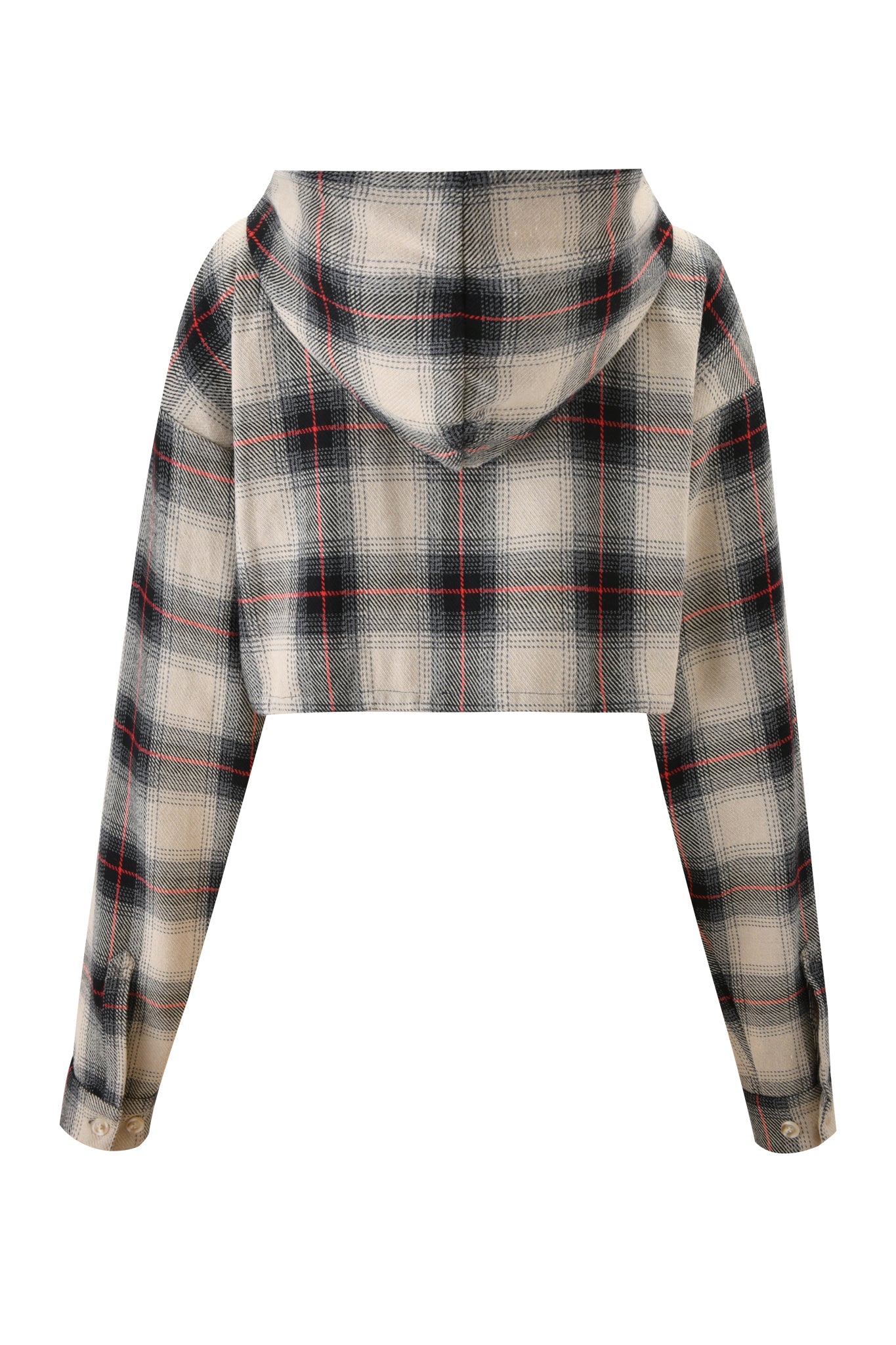 The TIFF JACKET - GREY PLAID by I.AM.GIA is a cropped, hooded flannel jacket with a black, white, and beige plaid pattern accented by subtle red lines, long sleeves, and buttoned cuffs, shown from the back.