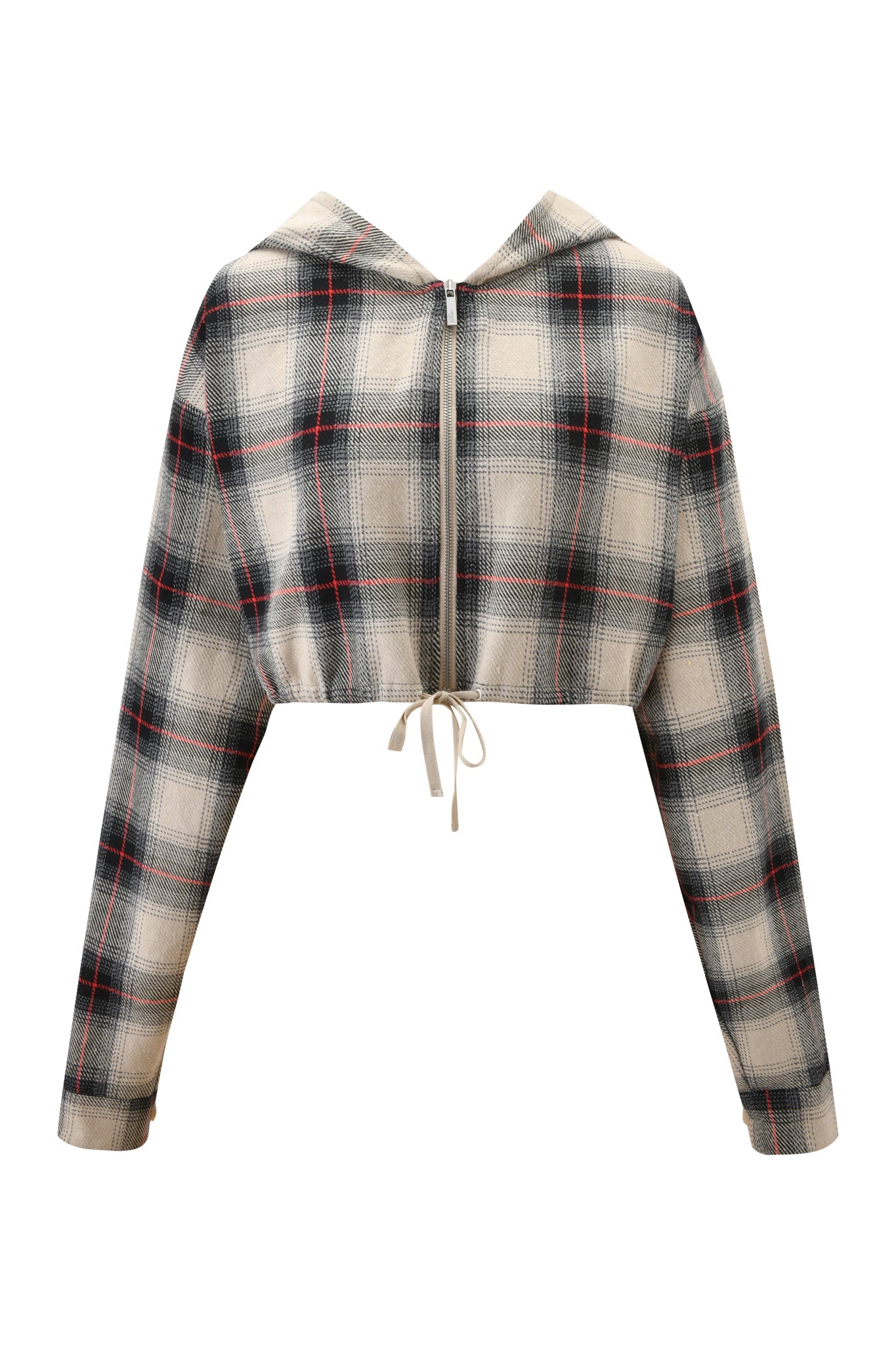 The TIFF JACKET - GREY PLAID by I.AM.GIA is a cropped, lightweight hoodie with long sleeves in black, white, and gray plaid. It features a front zipper and waist drawstring for a stylish, modern look.