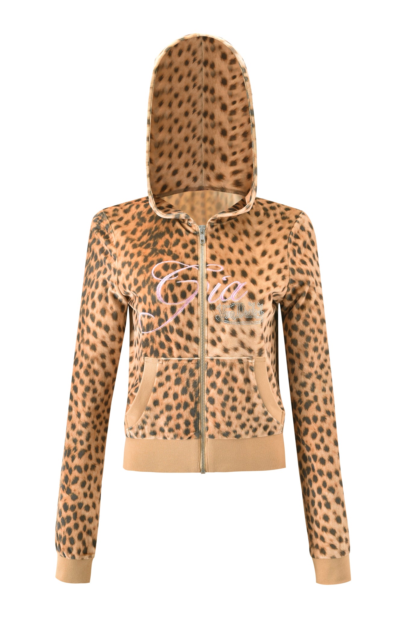 A front view of the I.AM.GIA X VON DUTCH KAMERON Velour Jacket in leopard print, featuring a hood, two front pockets, and "Ciao" in light pink script across the chest—a bold I.AM.GIA style statement.