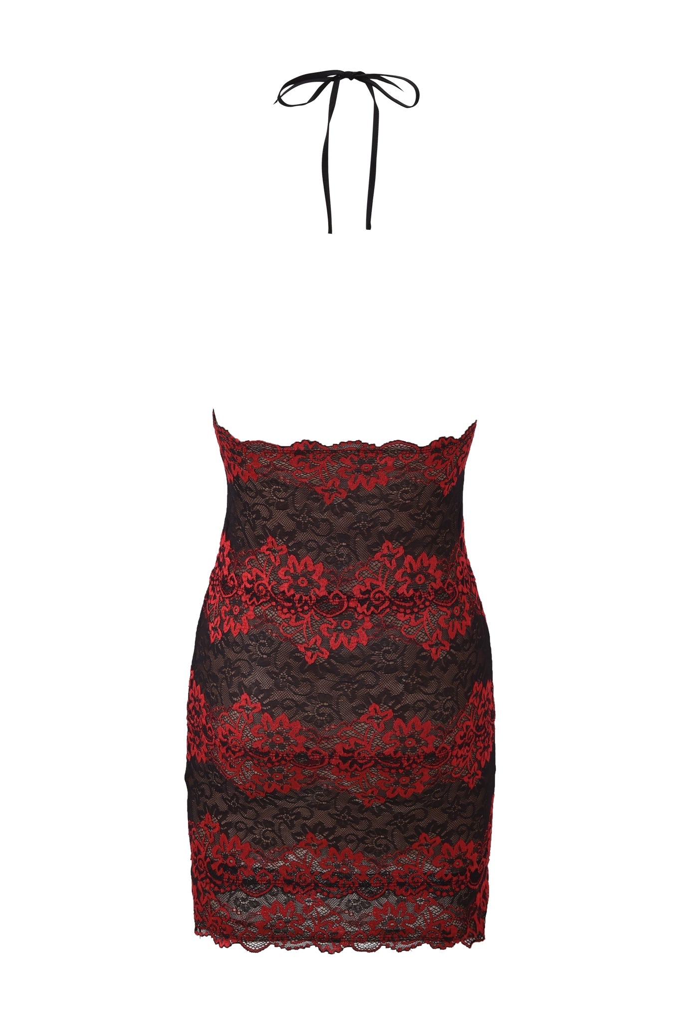 The I.AM.GIA GEM MINI DRESS in black and red lace features a strapless neckline, scalloped edges, and thin black halter ties for a chic bodycon silhouette.