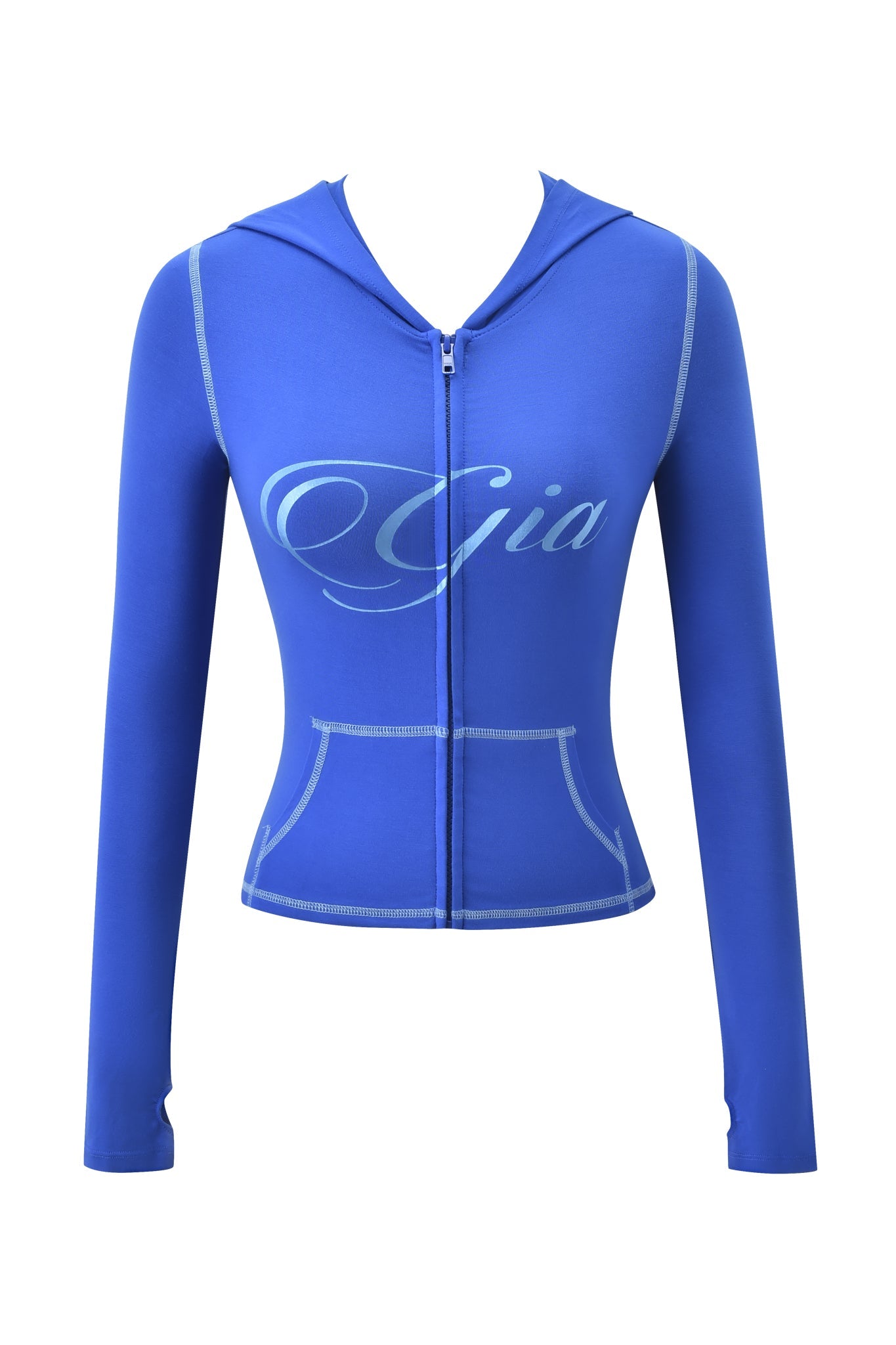 The BLARE FORM POCKET HOODIE - COBALT FOIL by I.AM.GIA is a cobalt blue zip-up with light blue stitching, "Gia" script on the chest, long sleeves, bodycon fit, bamboo fabric, and two front pockets for comfort and style.