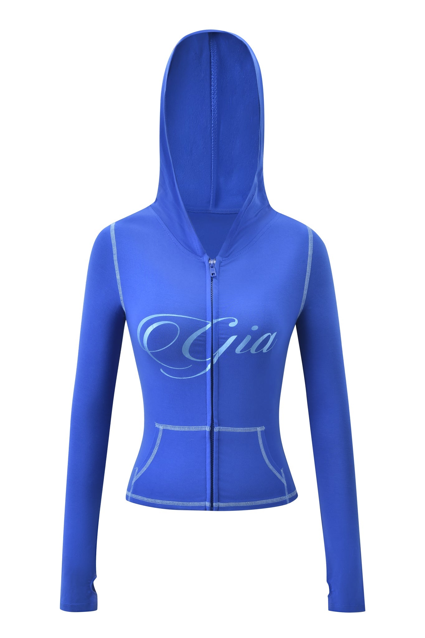 The BLARE FORM POCKET HOODIE - COBALT FOIL by I.AM.GIA is a cobalt blue zip-up hoodie with a bodycon fit, white stitching, bold "Gia" cursive on the chest, hood, and two front pockets for style and comfort.