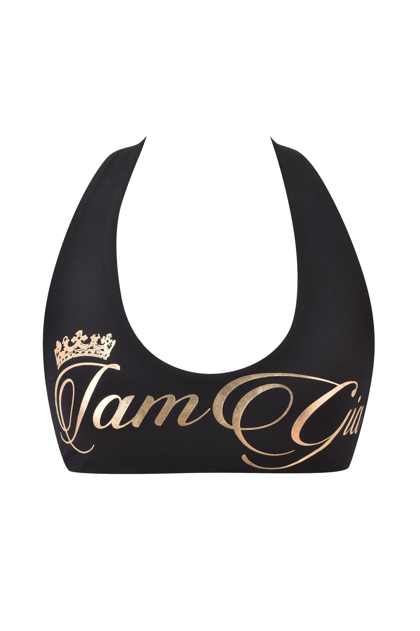 The I.AM.GIA BLARE FORM HALTER CROP TOP in black and gold is a bodycon halter-style top featuring “I am Queen” in gold script with a crown graphic above the text.