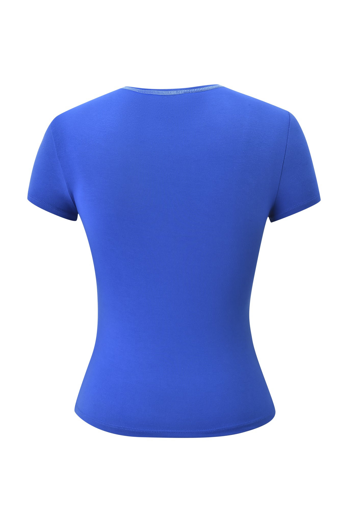 The BLARE FORM TEE - COBALT FOIL by I.AM.GIA is a cobalt blue, short-sleeved, bodycon-fit t-shirt shown from the back against a white background.