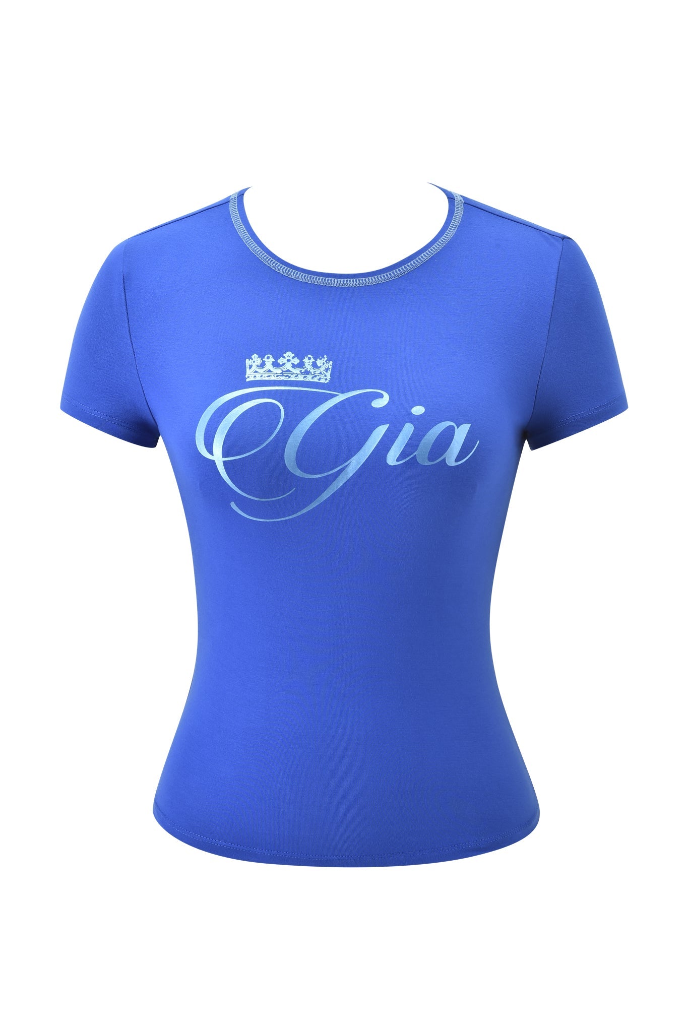 The I.AM.GIA BLARE FORM TEE - COBALT FOIL is a cobalt blue, short-sleeve fitted t-shirt featuring "Gia" and a crown graphic in light blue on the front. Shown here with a bodycon fit on a white mannequin torso.