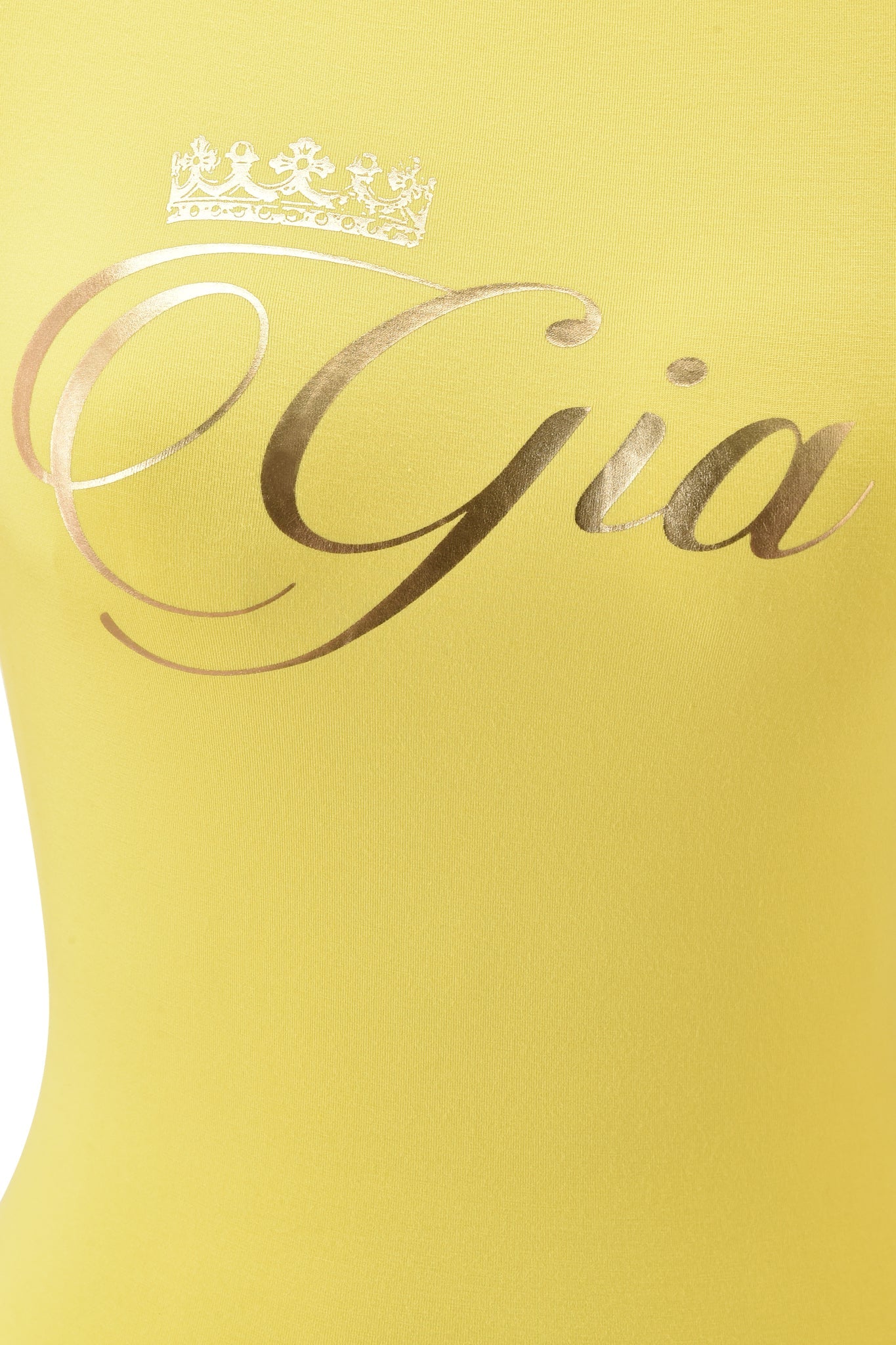 The BLARE FORM TEE - YELLOW GOLD FOIL by I.AM.GIA is a yellow bamboo baby tee featuring "Gia" in elegant gold script with a decorative gold crown above the "G".