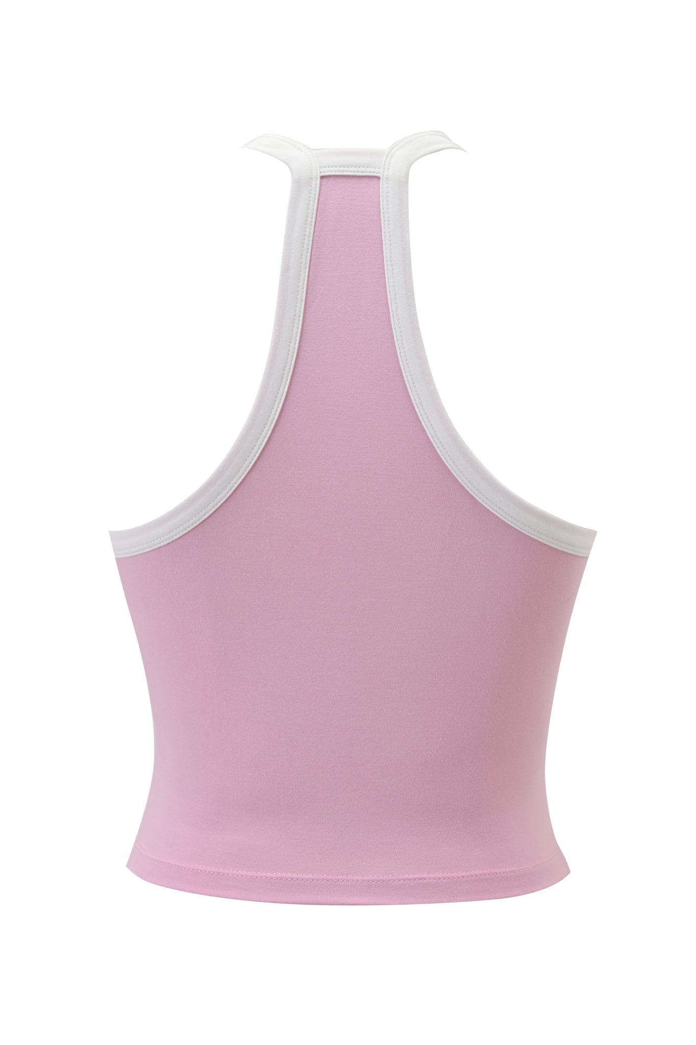 The I.AM.GIA BLARE V-NECK TANK in baby pink and white features a sleeveless racerback design, buttery-soft viscose fabric, and white trim, shown from the back against a white background.