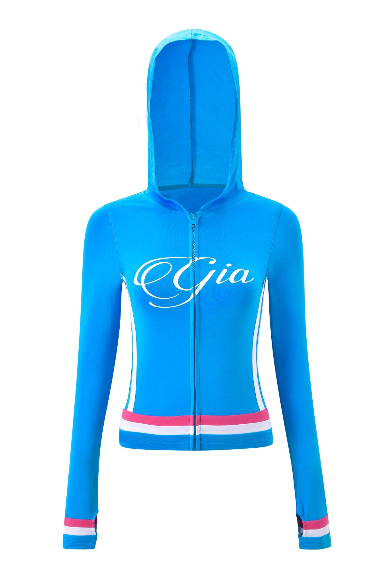 The BLARE STRIPED HOODIE - SKY BLUE by I.AM.GIA features a hood, long sleeves, and white, pink, and red stripes on the waist and cuffs. "Gia" is printed in white cursive across the chest for a stylish sporty touch.
