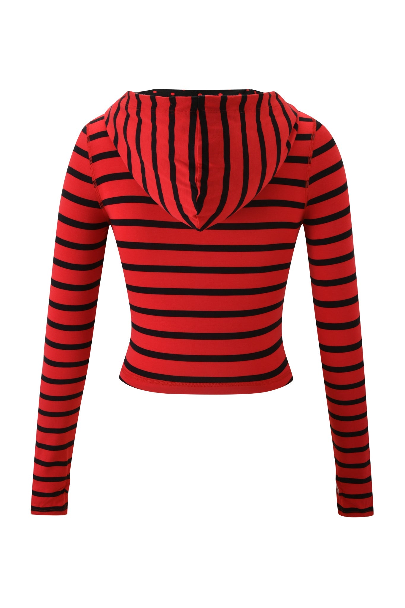 The BLARE HOODIE by I.AM.GIA is a red and black striped, long-sleeve crop top made from buttery-soft viscose, shown here from the back.